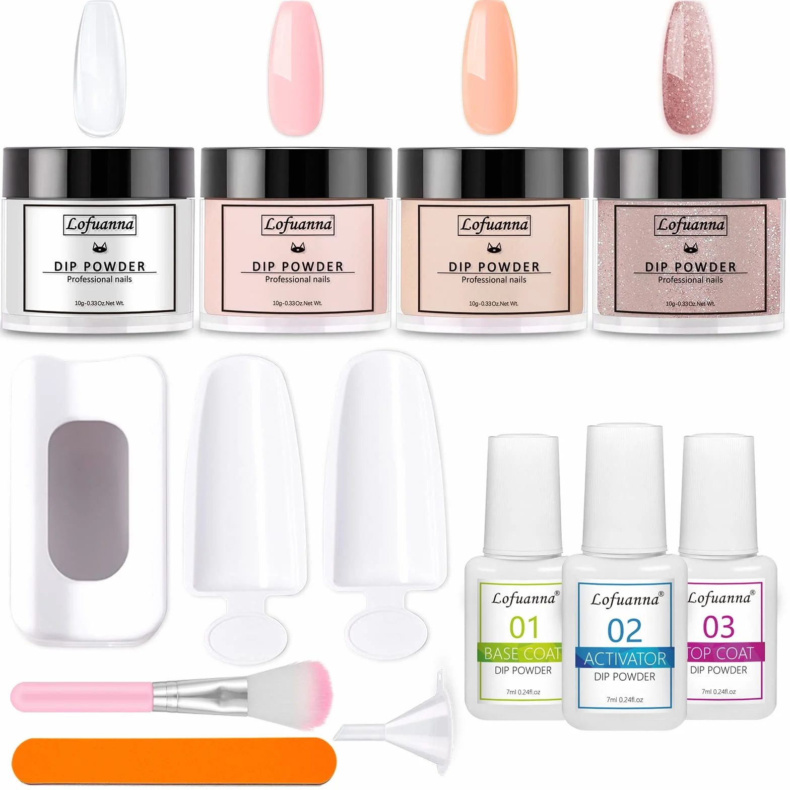 Lofuanna Dip Powder Nail Kit 4 Couleurs Poudre à Tremper avec Base Couche Supérieure Activateur Pas Besoin UV LED Ensemble Manucure Débutantes