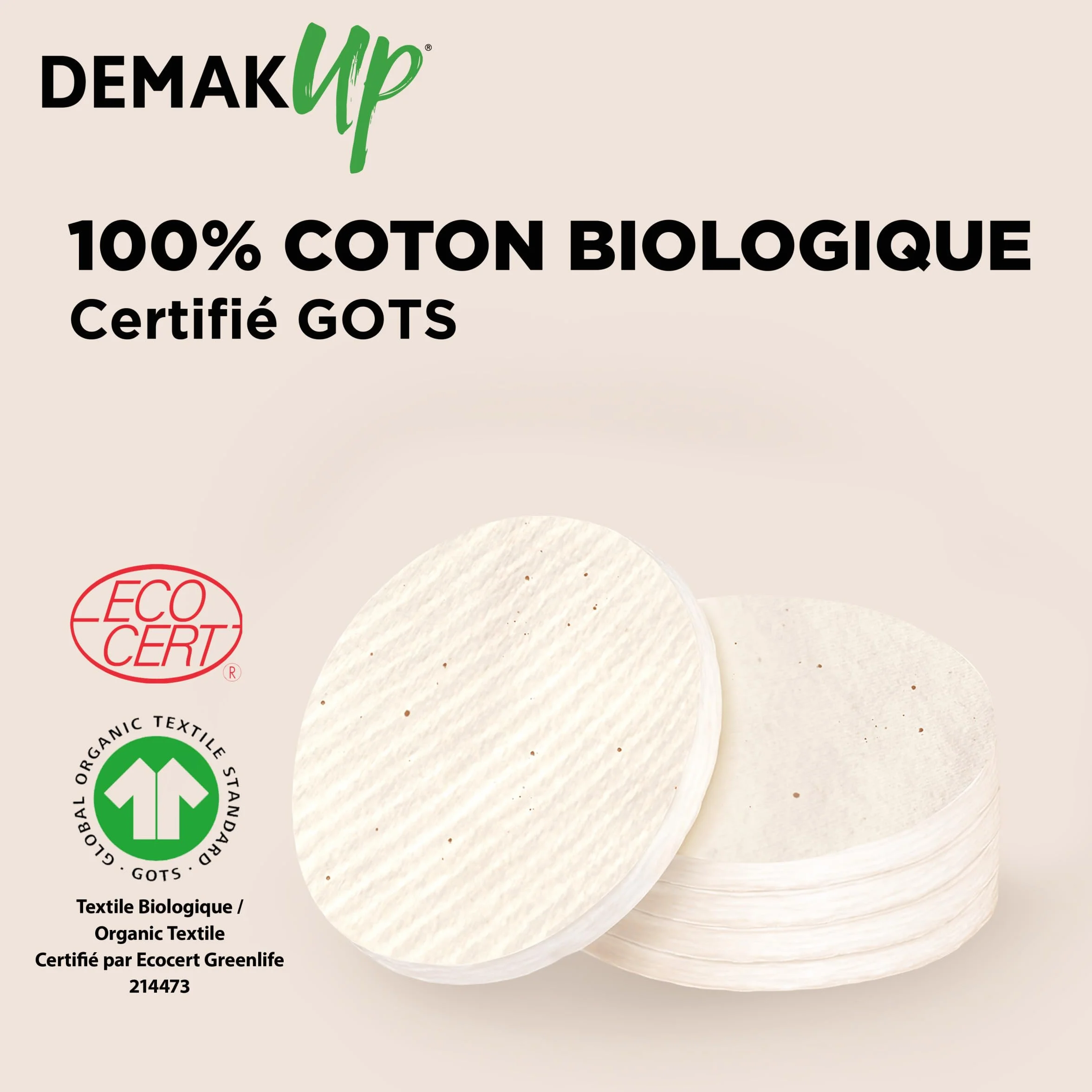 Demak'Up Adapt Bio Cotons à Démaquiller Visage et Yeux 100% Fibres de Coton Naturelles Biologiques Certifiés GOTS 50 Cotons