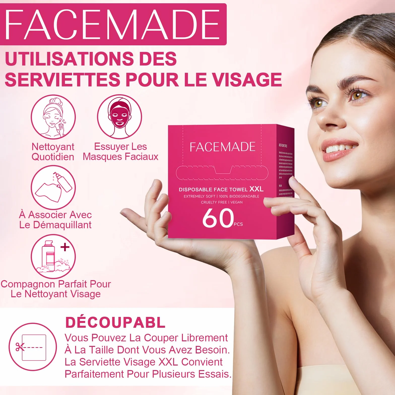 FACEMADE Serviettes Visage XXL 60 Unités 100% Biobasées Jetables Peaux Sensibles