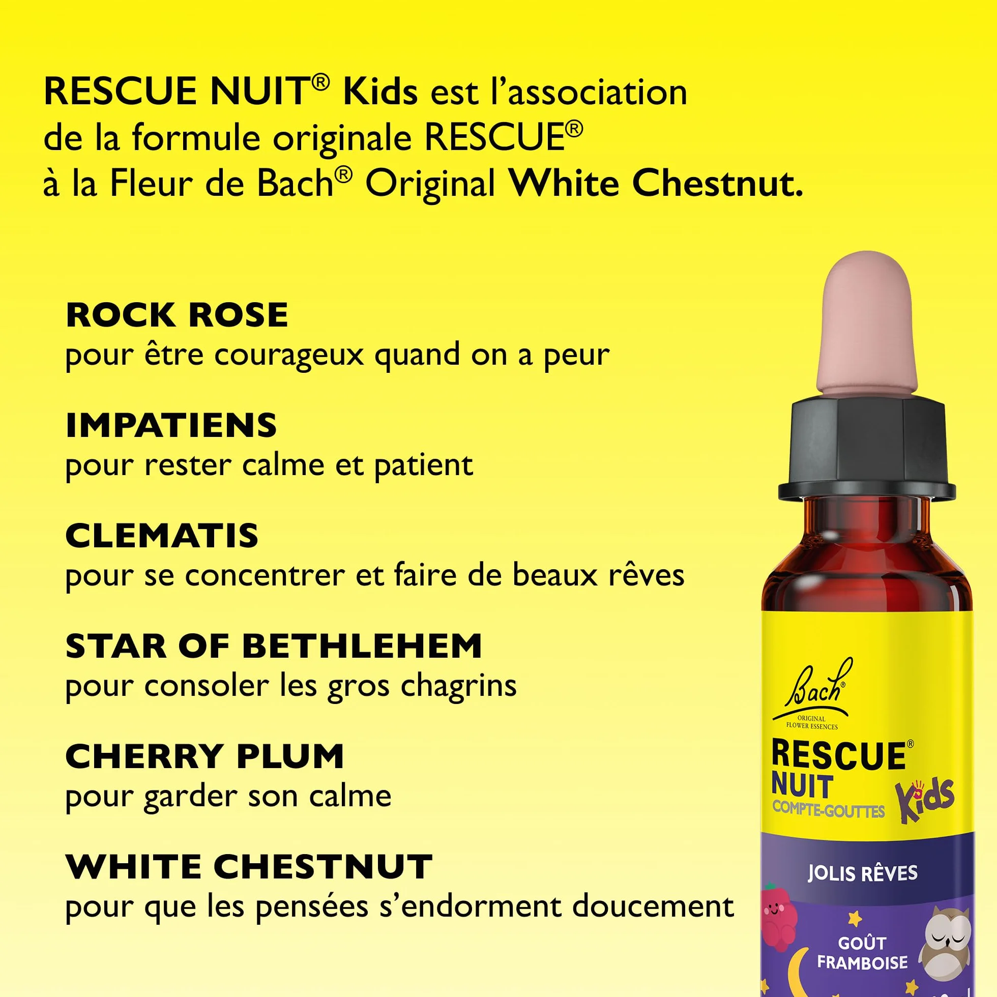 RESCUE NUIT KIDS Jolis Rêves Apaisement Relaxation Formule Sans Alcool Goût Framboise Dès 3 Ans Compte-gouttes 10 ml