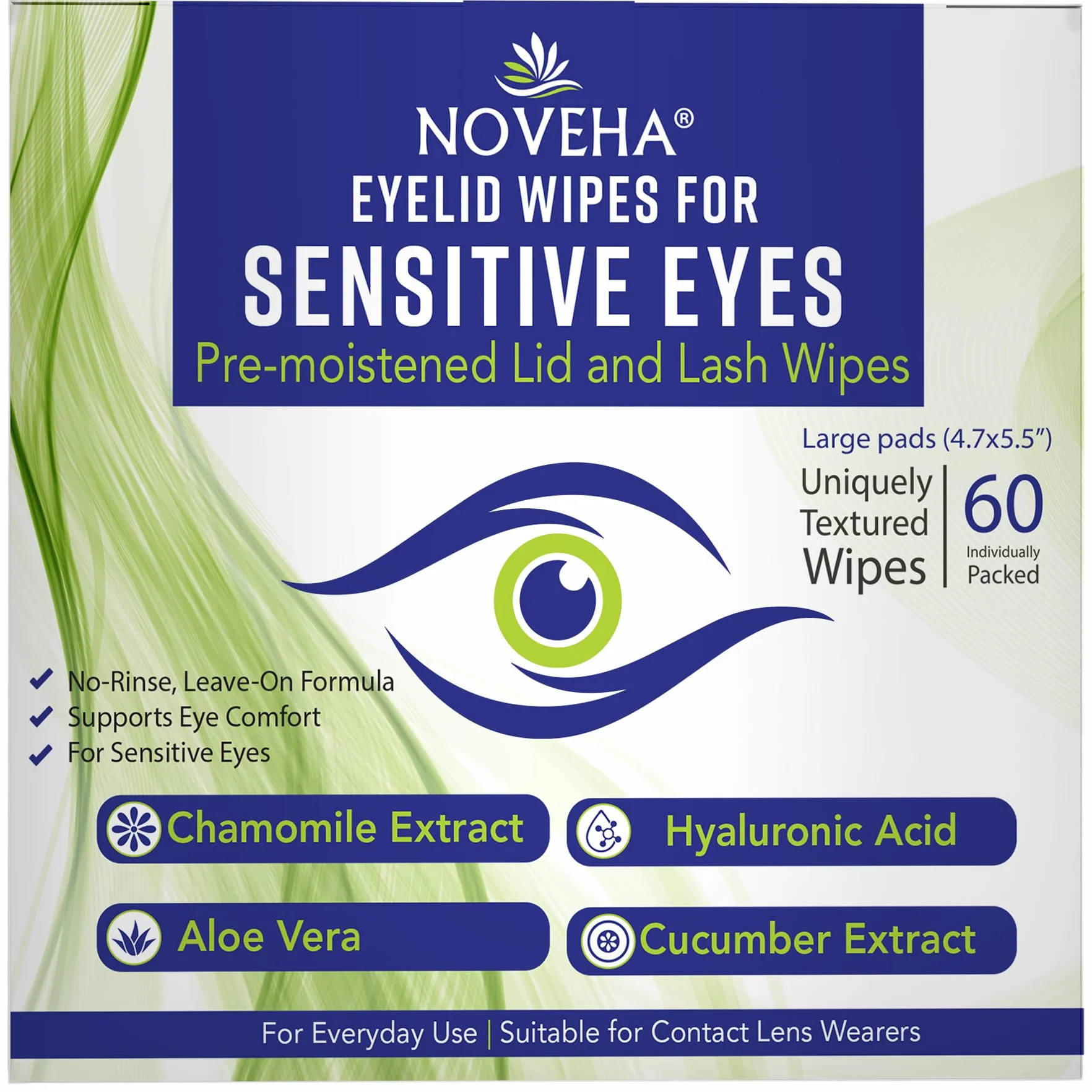 NOVEHA Lingettes pour paupières - Pour cils et paupières délicats - Avec acide hyaluronique, camomille et aloe vera - Tampons pré-humidifiés emballés individuellement (60 lingettes)