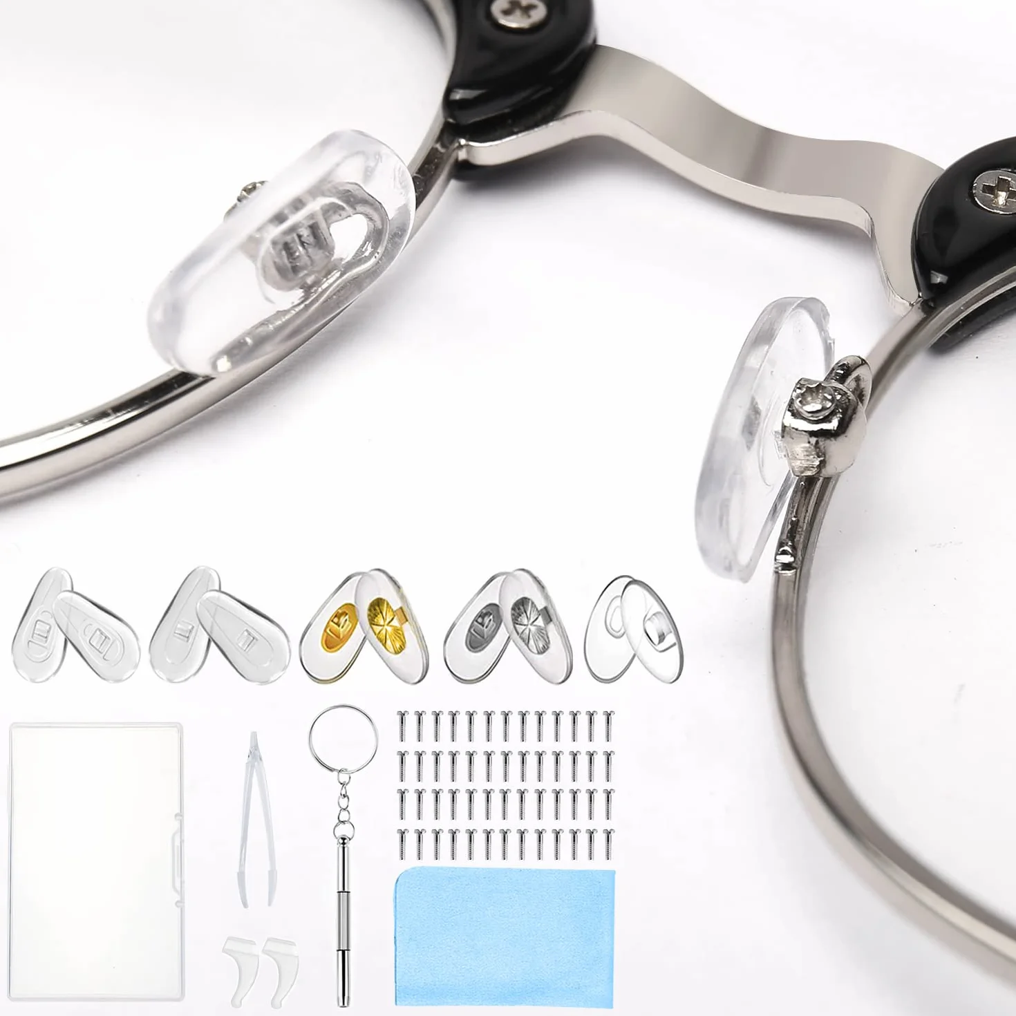 Plaquettes de Nez de Lunettes en Silicone 25 Paires, Kit de Réparation avec Vis Pincette et Chiffon