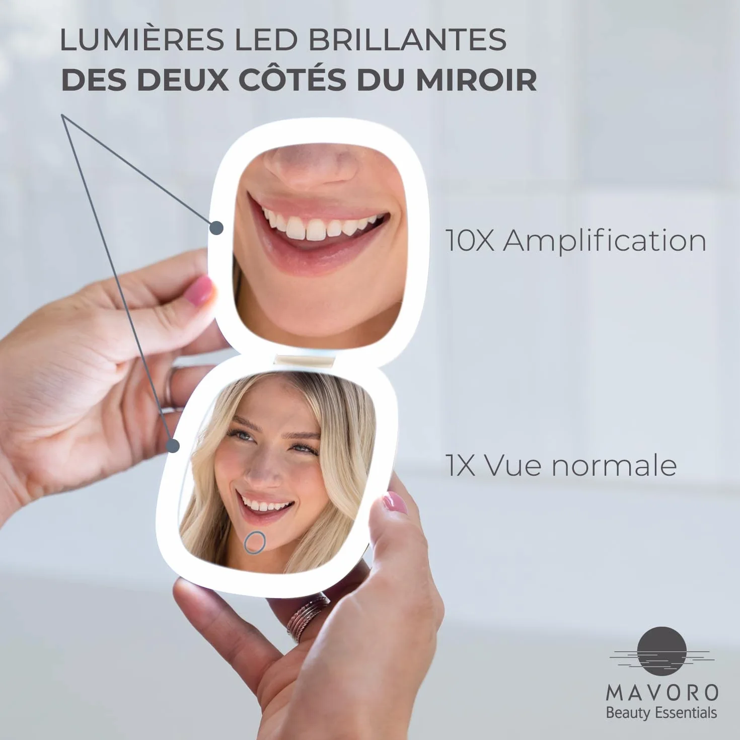 Miroir de Maquillage de Voyage Éclairé LED Rechargeable 1X/10X Lumière Diurne Capteur Tactile USB Or Champagne