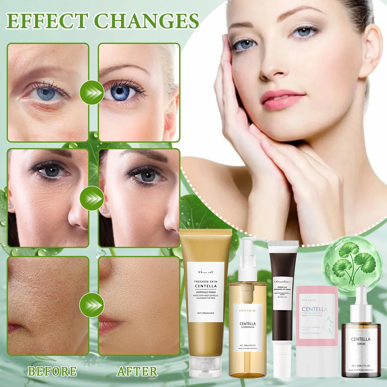 5Pcs Centella Skincare Kit,Centella Cleansing Oil+Centella Nettoyant Visage | Centella Serum + Centella Stick Mask + Creme Yeux, Nettoie, Nourrit et Hydrate la Peau,Combat Efficacement les Rides