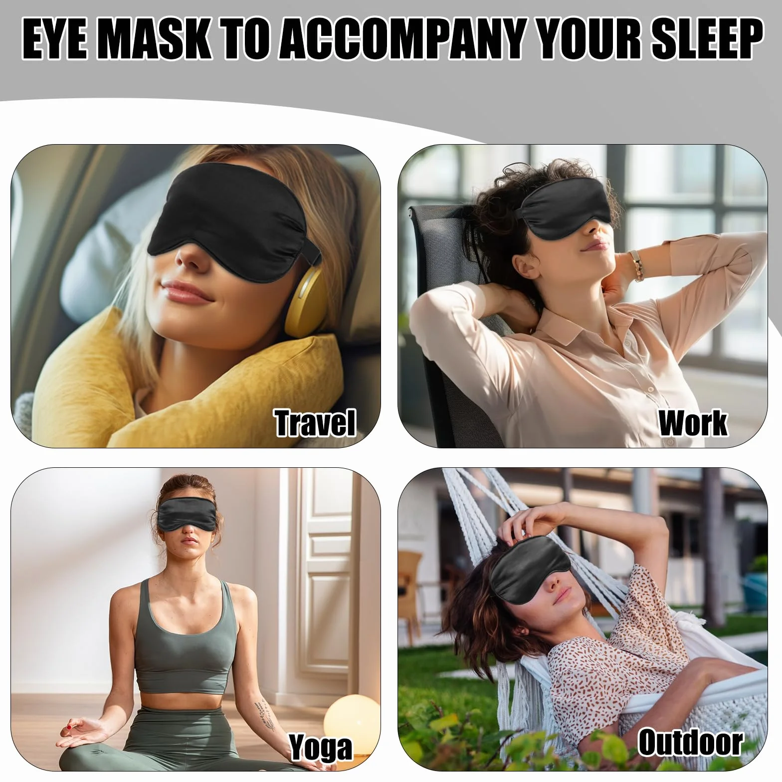 Lot de 2 Masque de Nuit en Soie Ultra-Douce Cache Yeux pour Dormir Anti-lumière avec Sangle Élastique Réglable Noir