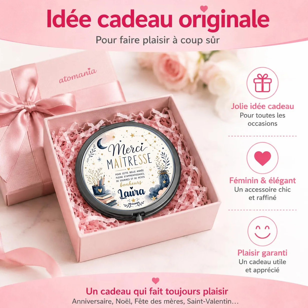 Miroir de Poche Personnalisé avec Prénom – Cadeau Maîtresse Original Fin d'Année Scolaire – Miroir Compact Femme