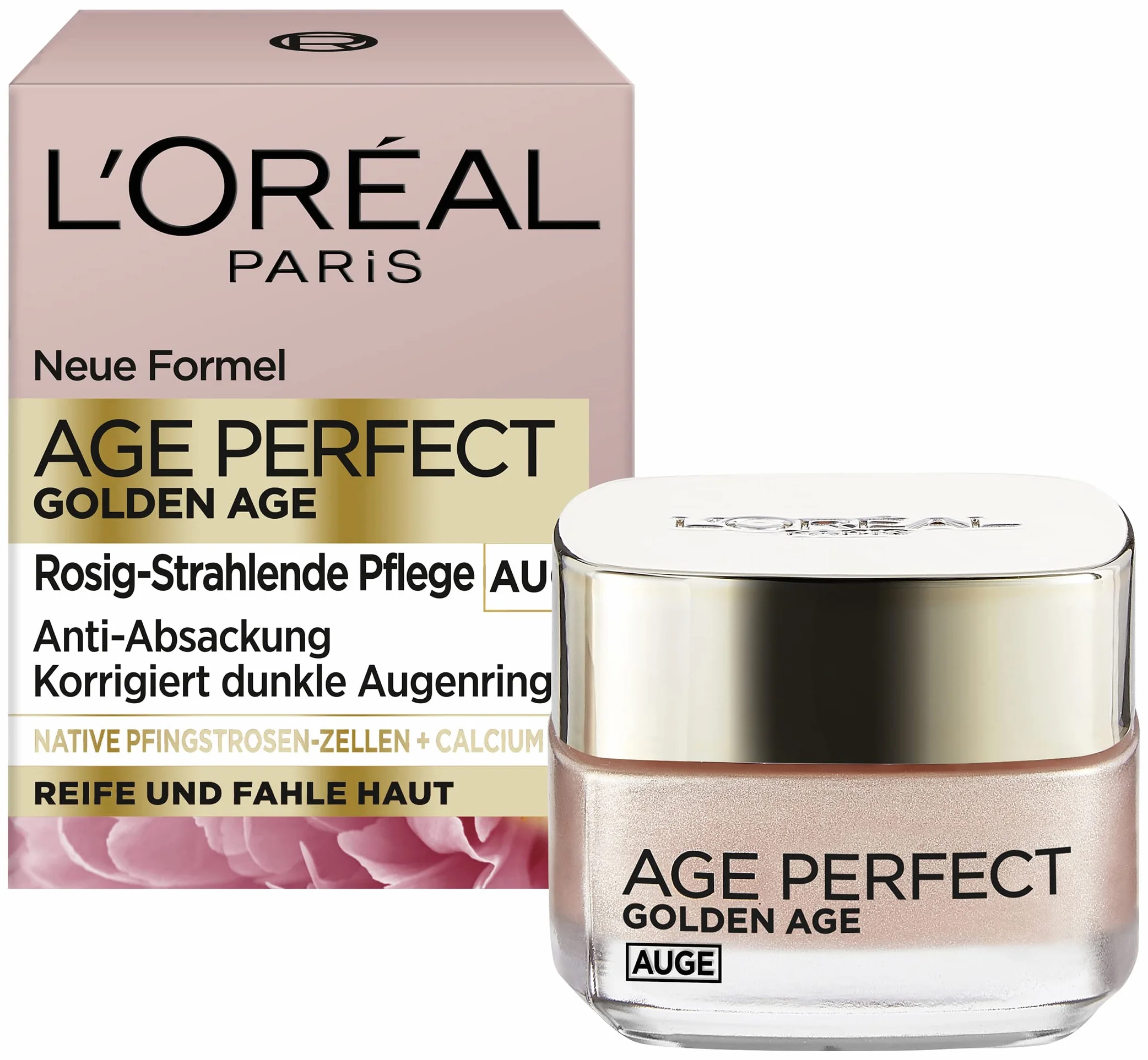 LOréal Paris Soin des yeux, Age Perfect Golden Age, crème anti-âge pour les yeux, éclaircissante et anti-affaissement, pour peaux matures et ternes, avec extrait de pivoine et calcium B5, 15 ml | Éclaircissante, Anti-Affaissement, Extrait de Pivoine, Calc