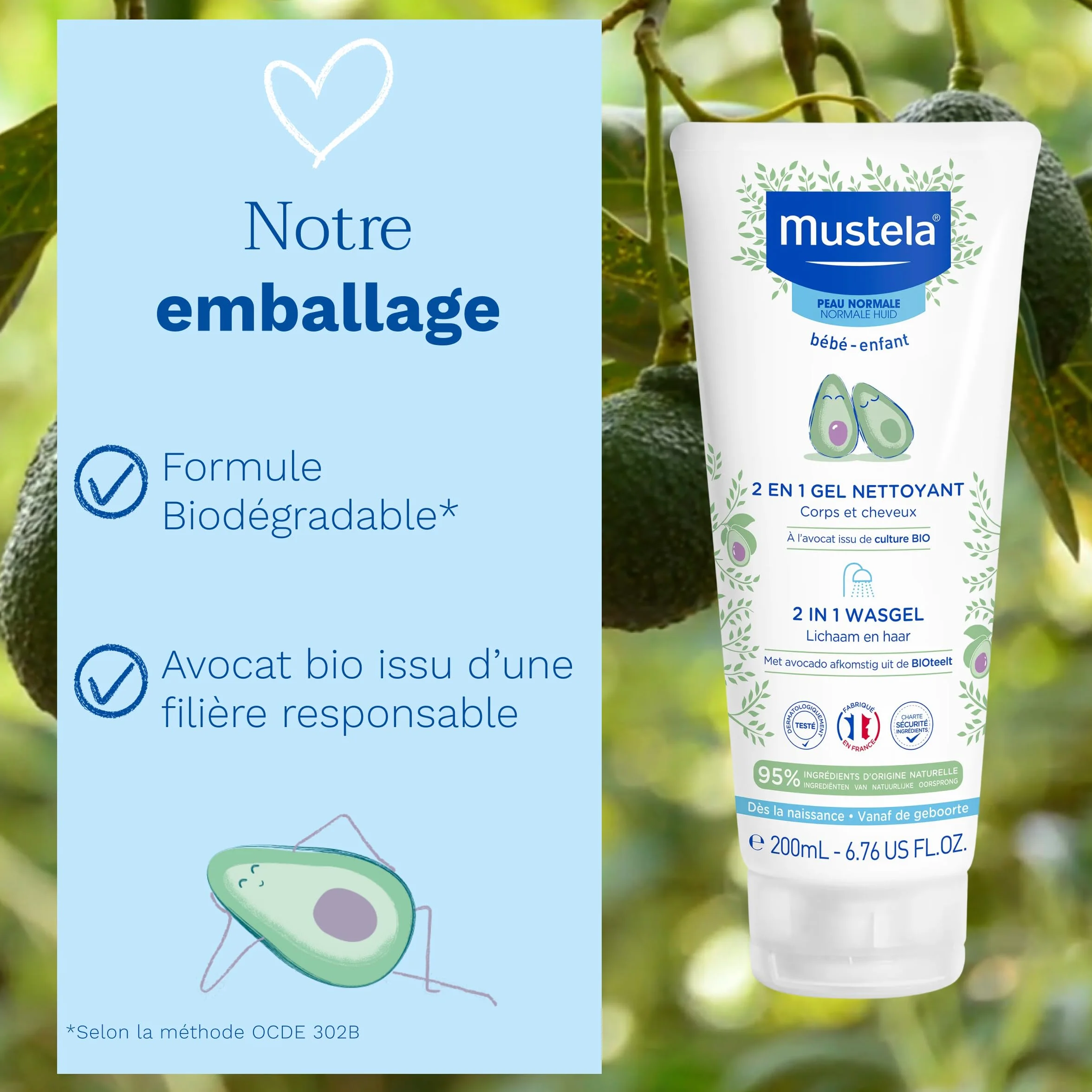Mustela Gel Nettoyant 2 en 1 Bébé à l'Avocat Bio 200ml Shampoing Corps et Cheveux Sans Piquer les Yeux