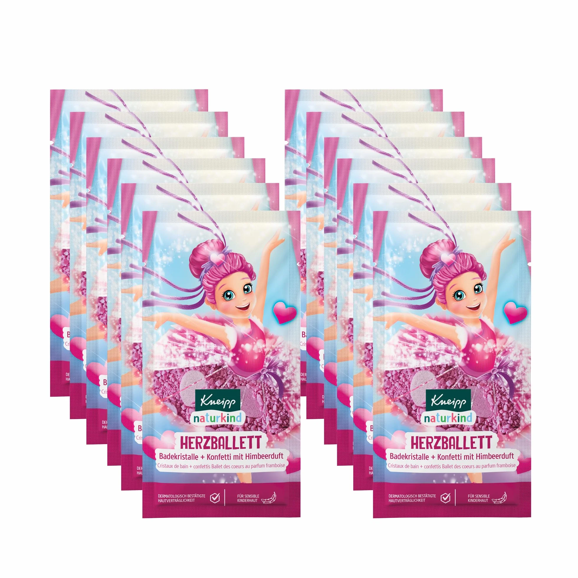 Kneipp naturkind Cristaux de bain + confettis en forme de cœur – Additif de bain avec parfum framboise – Pour peau sensible des enfants – 12 x 40 g