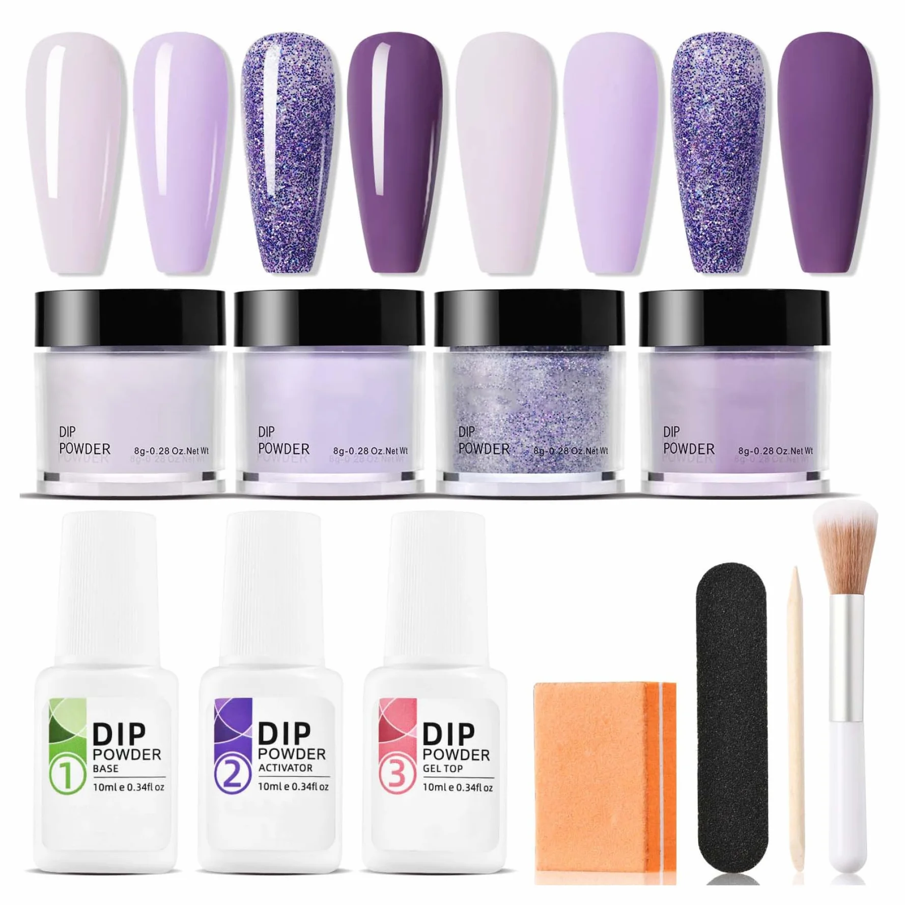 Kit de poudre de trempage pour ongles 4 couleurs, sans danger pour la peau, comprend une base activatrice/une couche finition, un pinceau, un bâton tampon, violet, bleu, longue durée pour les débu