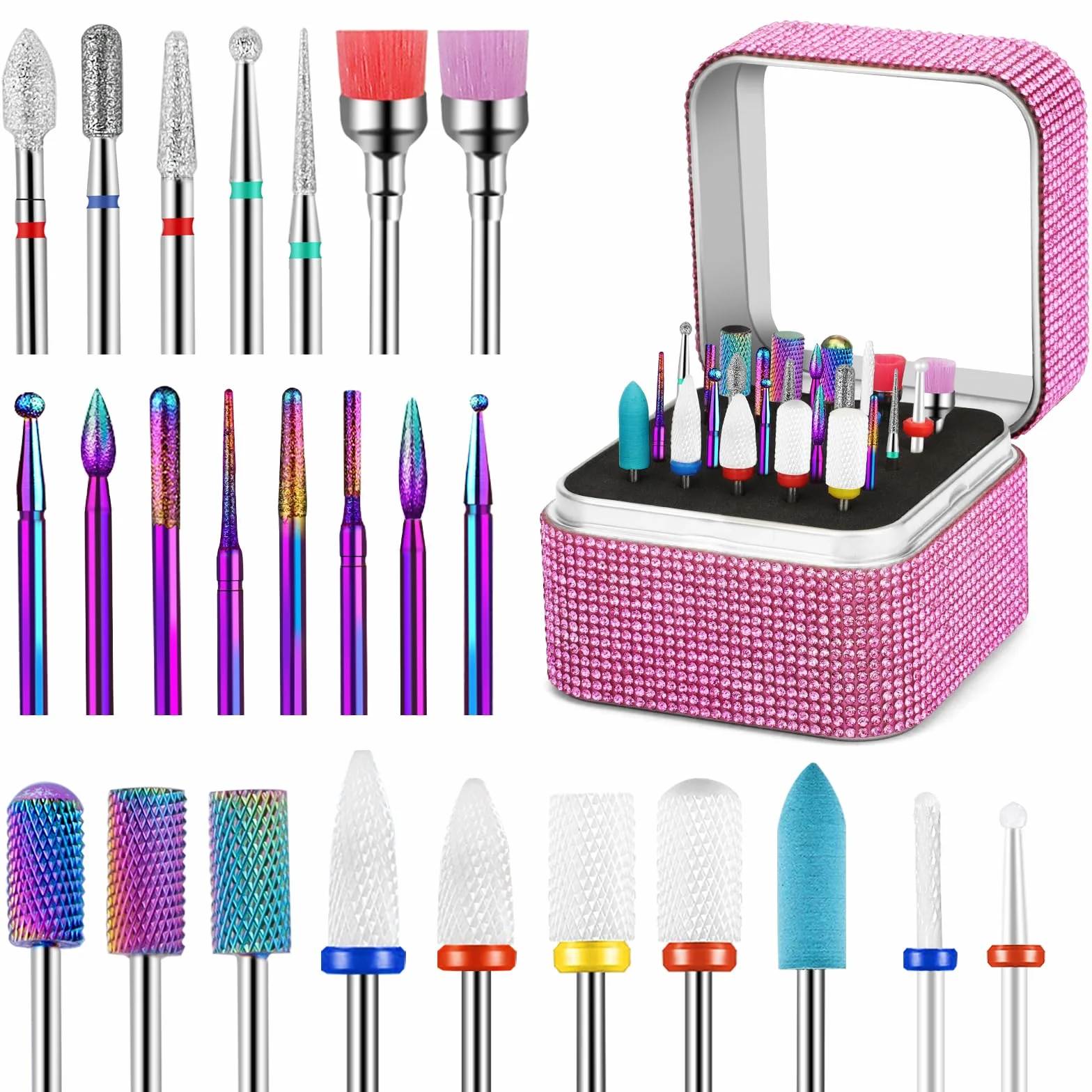 25 Pièces Embout ponceuse ongles avec Porte-Embouts Strass, Forets à ongles Diamant Céramique Carbure 3/32 Pouce pour Soins Cuticules, Manucure & Pédicure Gel Acrylique à Domicile ou Salon