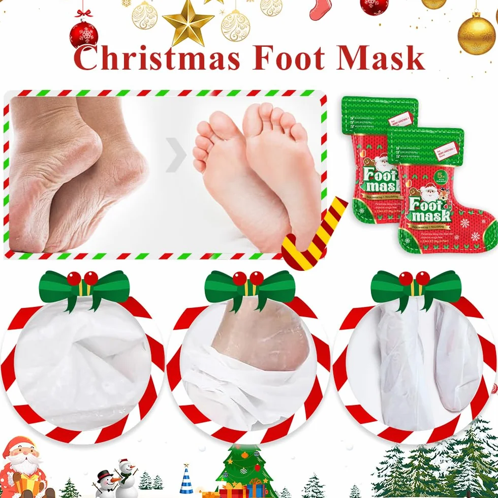 Set de Masques Mains et Pieds Christmas, 2 Pièces Exfoliant Pied, Soin Réparateur Peaux Sèches