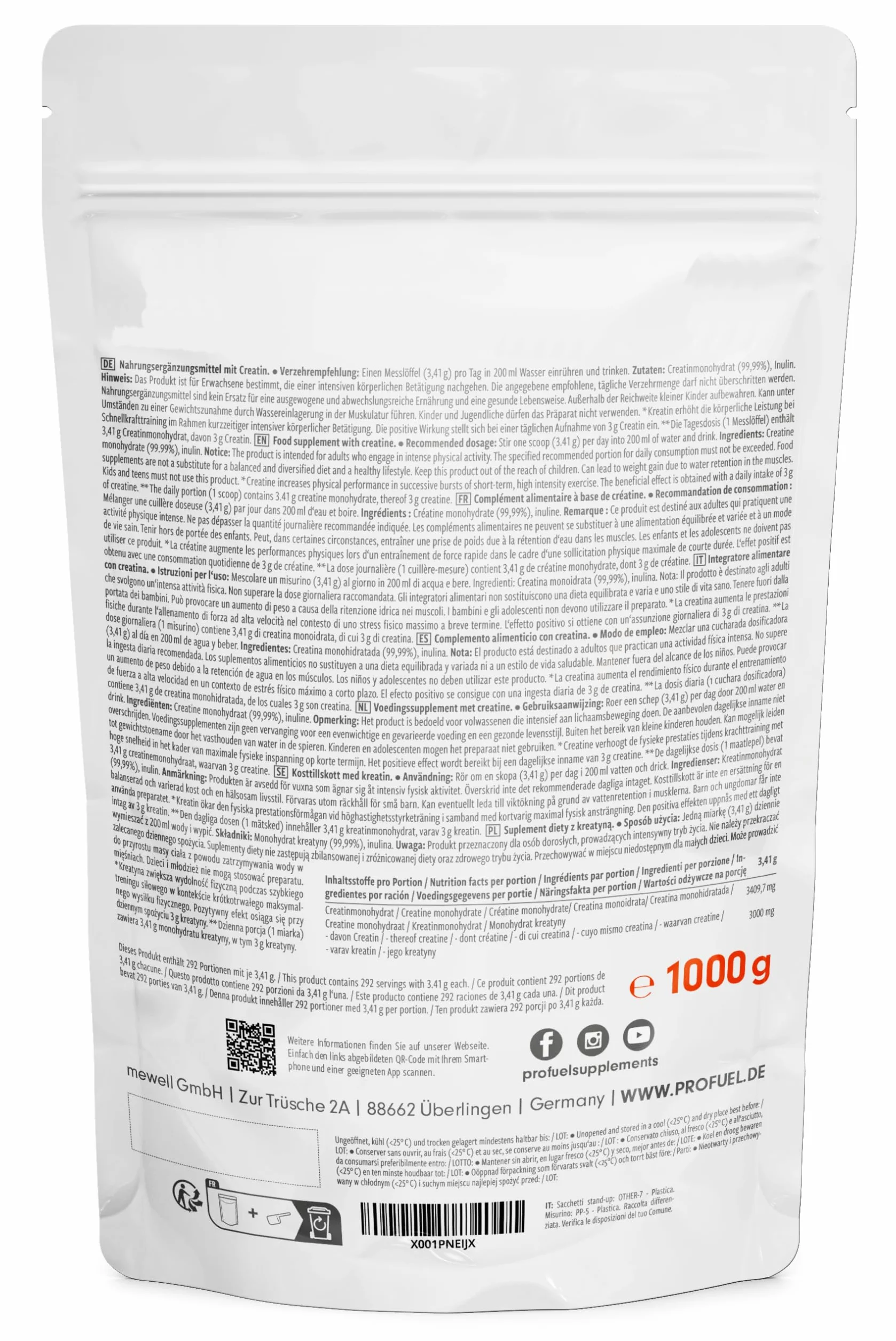 Créatine Monohydrate Poudre 1kg Micronisée Pure - Végétalien, Haut Dosage pour Force