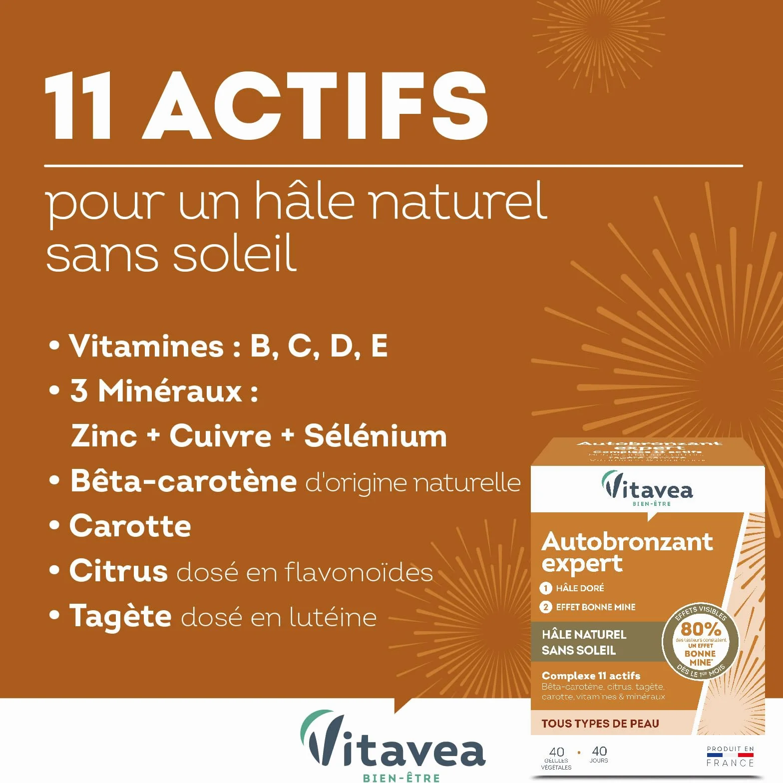 Vitavea Autobronzant Expert Hâle Doré Complément Alimentaire Bêta-Carotène Zinc Vitamines 40 Gélules