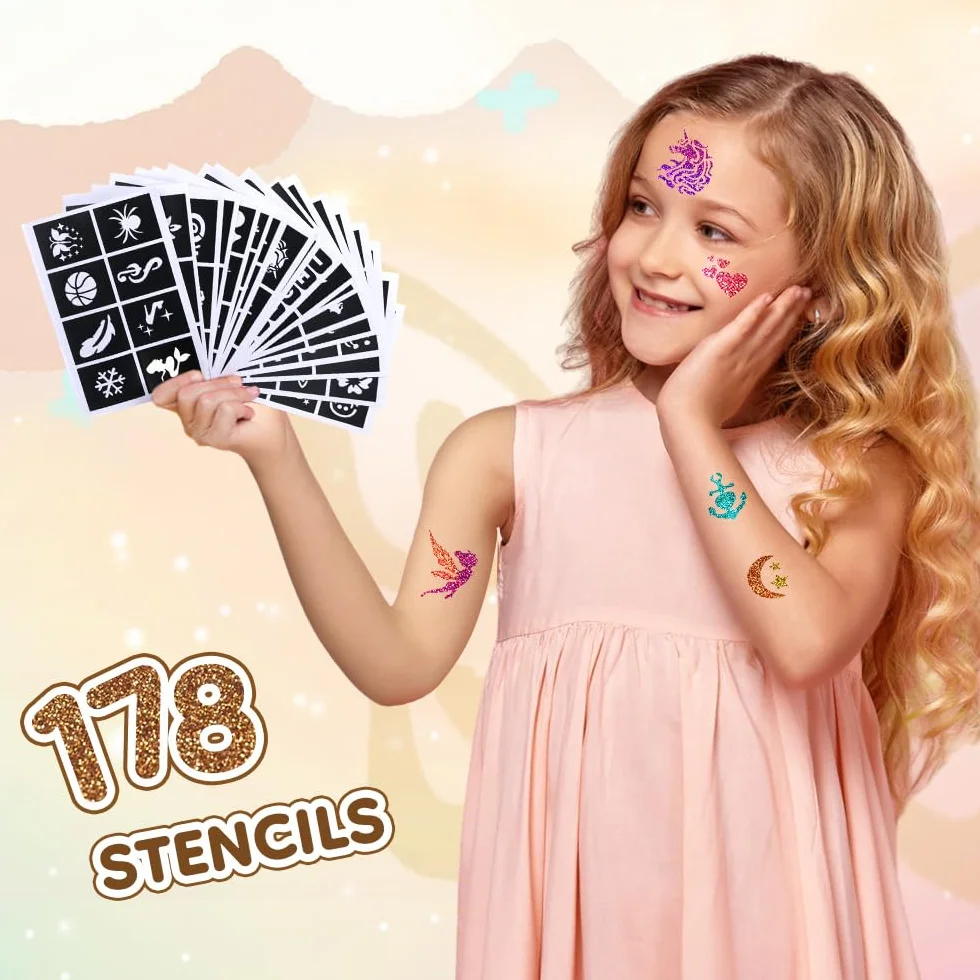Bledras Kit Tatouage Paillettes- Enfant 36 Couleurs, 178 Pochoir, 4 Pinceaux - Tatouage Ephemere Imperméable, Cadeaux raffinés adaptés aux enfants de 3 à 12 ans