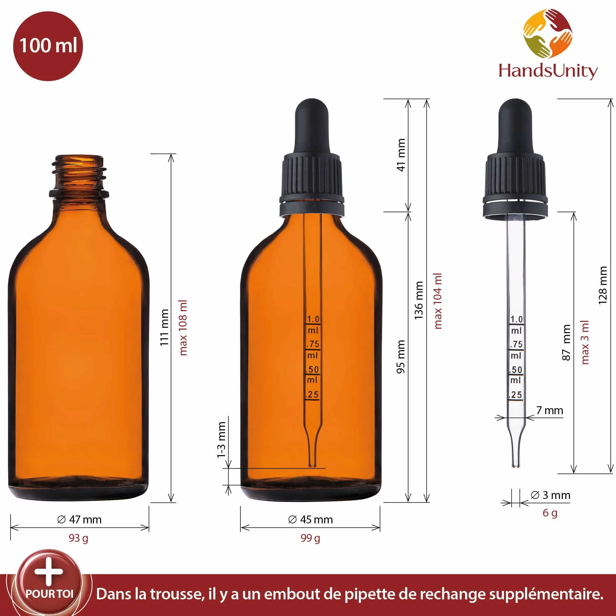 100ml-6pcs de Flacon de Pipette Petit Flacon en Verre - Verre d'apothicaire en Verre Ambré avec Capuchon de Pipette Noir Comprenant 17pcs d'accessoires Bouteilles en Verre Brun