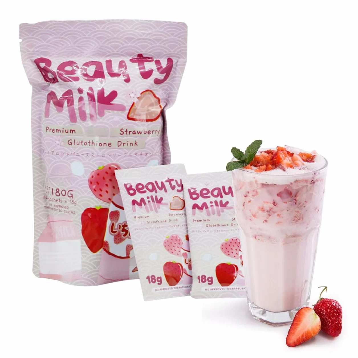 Milkshake aux fraises | Blanchiment de la peau au glutathion ， Aide à la santé de la, nourrit la peau, maintient une apparence jeune et favorise le métabolisme