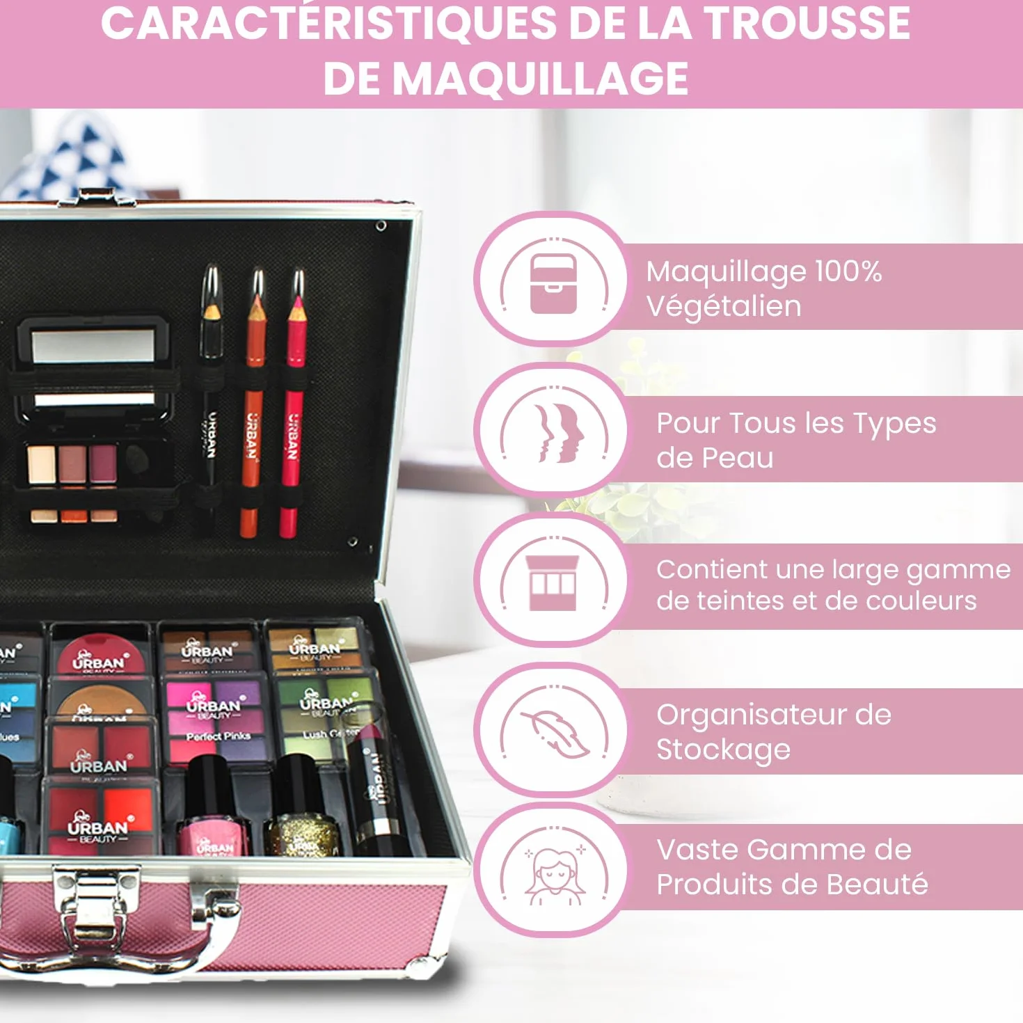 LOVE URBAN BEAUTY Végétalien Trousse maquillage rose vif - Kit maquillage 82 pièces adolescentes et femmes avec ombres à paupières, fards, rouges à lèvres et produits pour les ongles