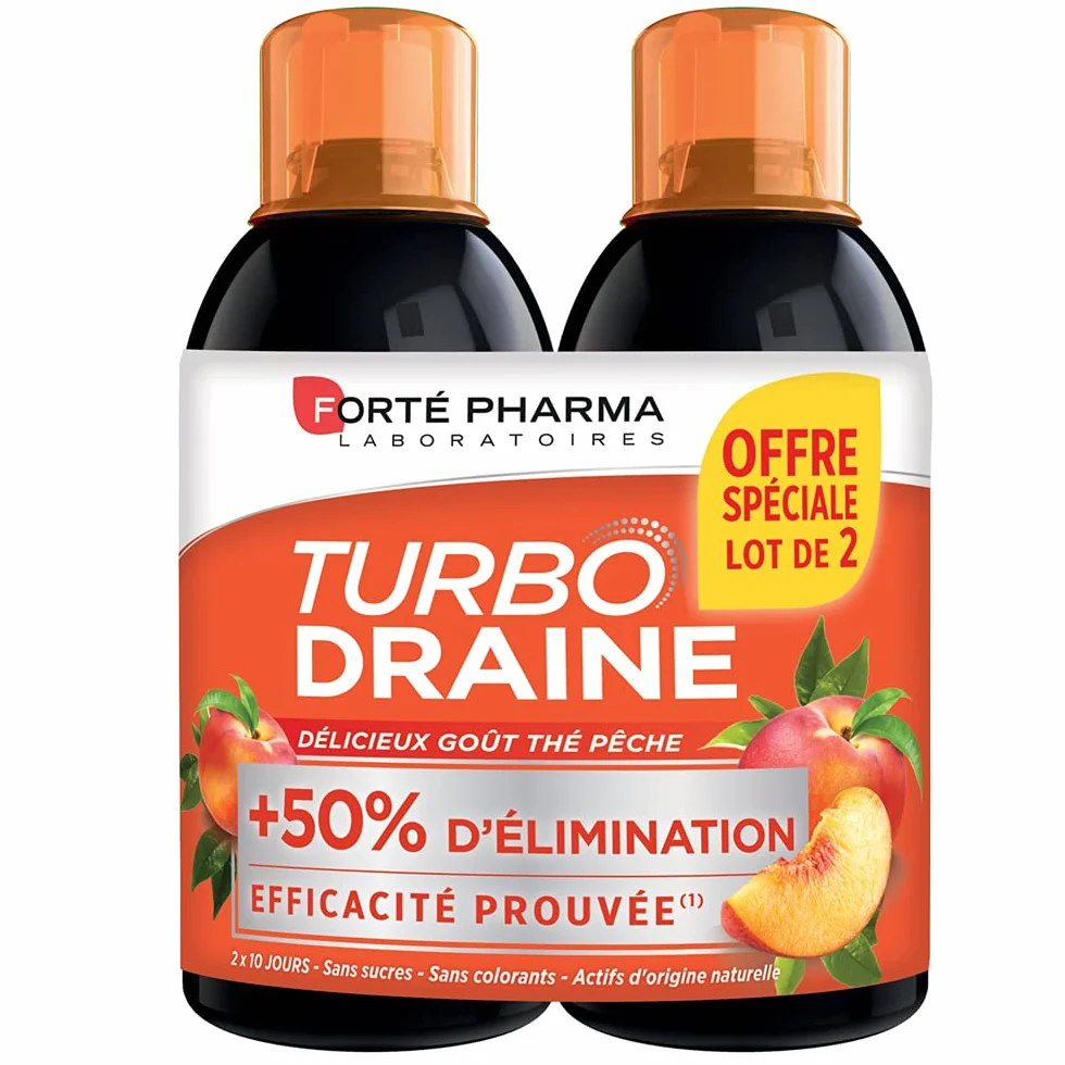 Forté Pharma Turbo Draine Peche Minceur perte de poids Thé vert Reine des prés Queue de cerise Drainage Brule graisse Lot 2x500 ml
