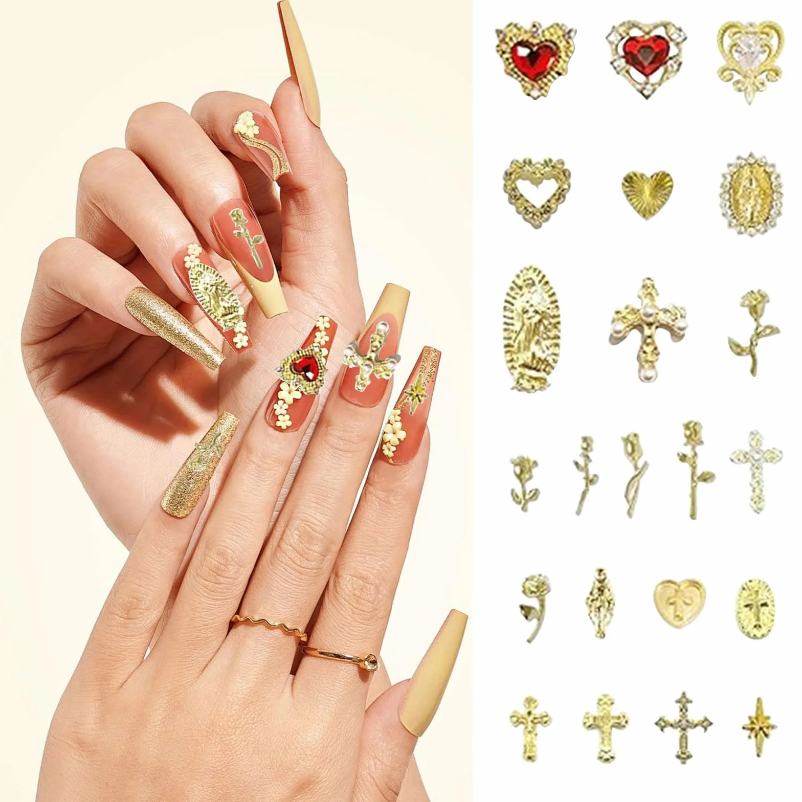 Breloques 3D dorées pour ongles avec strass lot de 88