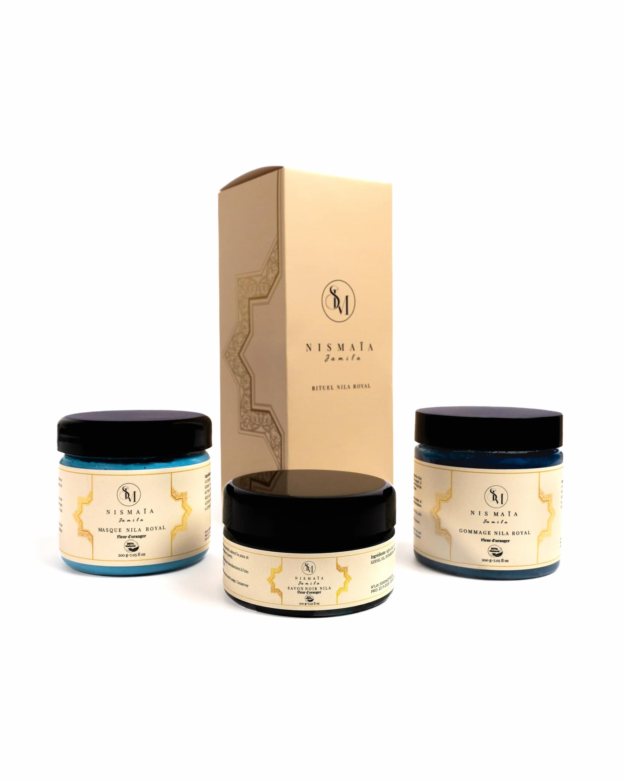 Coffret Rituel Hammam Nila Royal Savon Noir Argan Gommage Exfoliant Amande Douce Masque Beurre de Karité Vitamine E Corps Visage