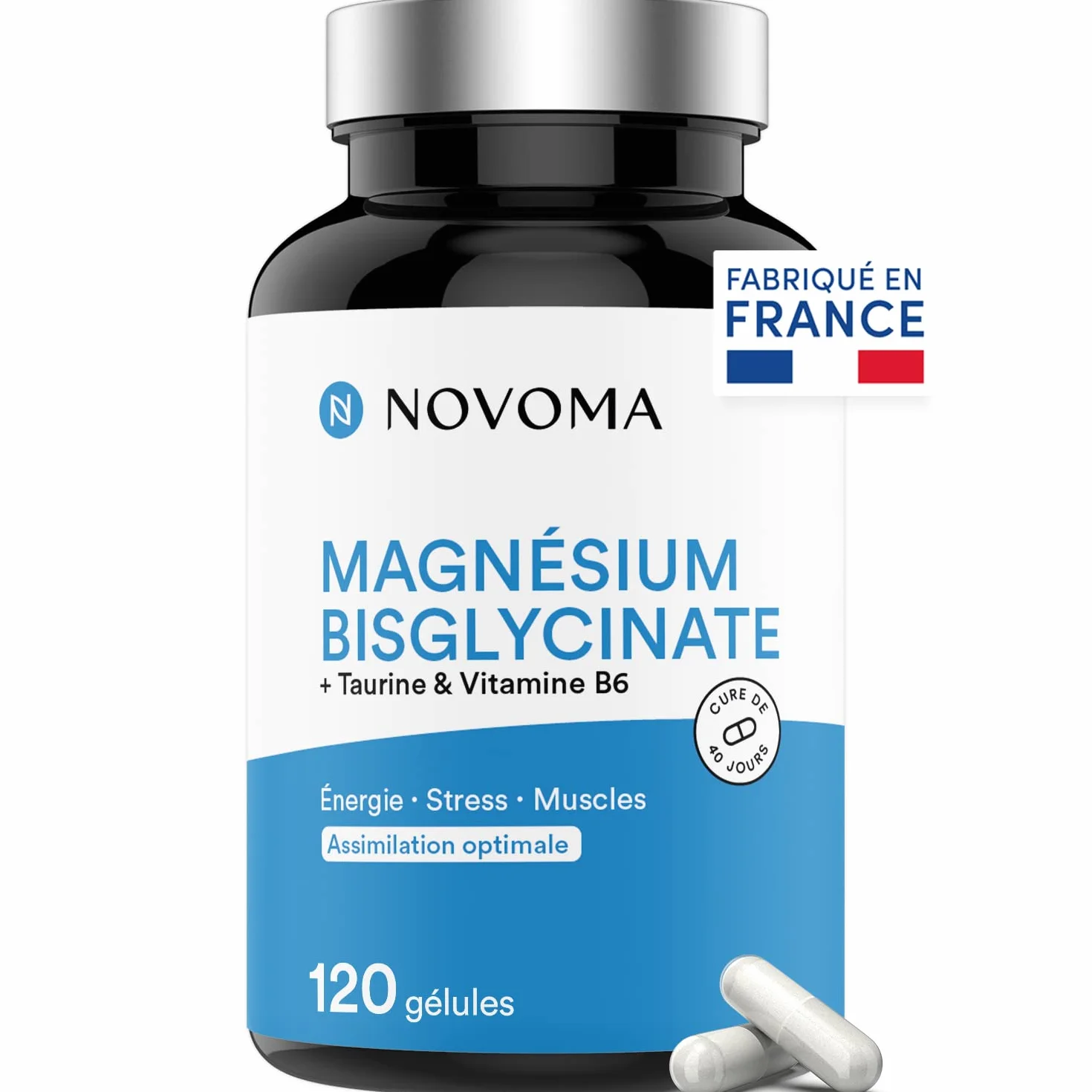 NOVOMA Magnésium Bisglycinate Taurine Vitamine B6 300mg 120 gélules Fatigue Stress Fabriqué en France
