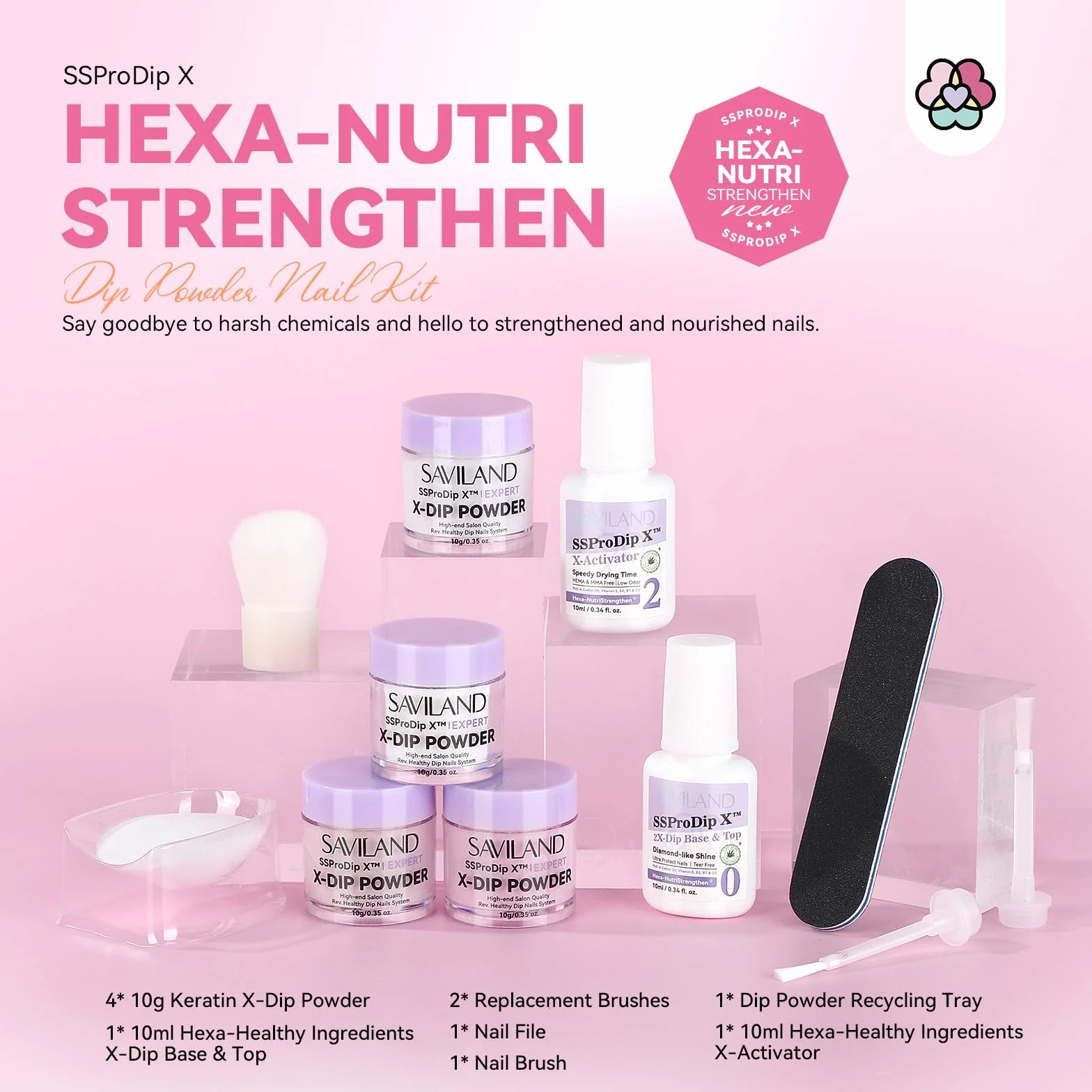 SAVILAND Kit Dipping Powder Professionnel Démarrage Ongles 4 Couleurs Claire Blanc Rose Nudes Base Activateur Top Coat