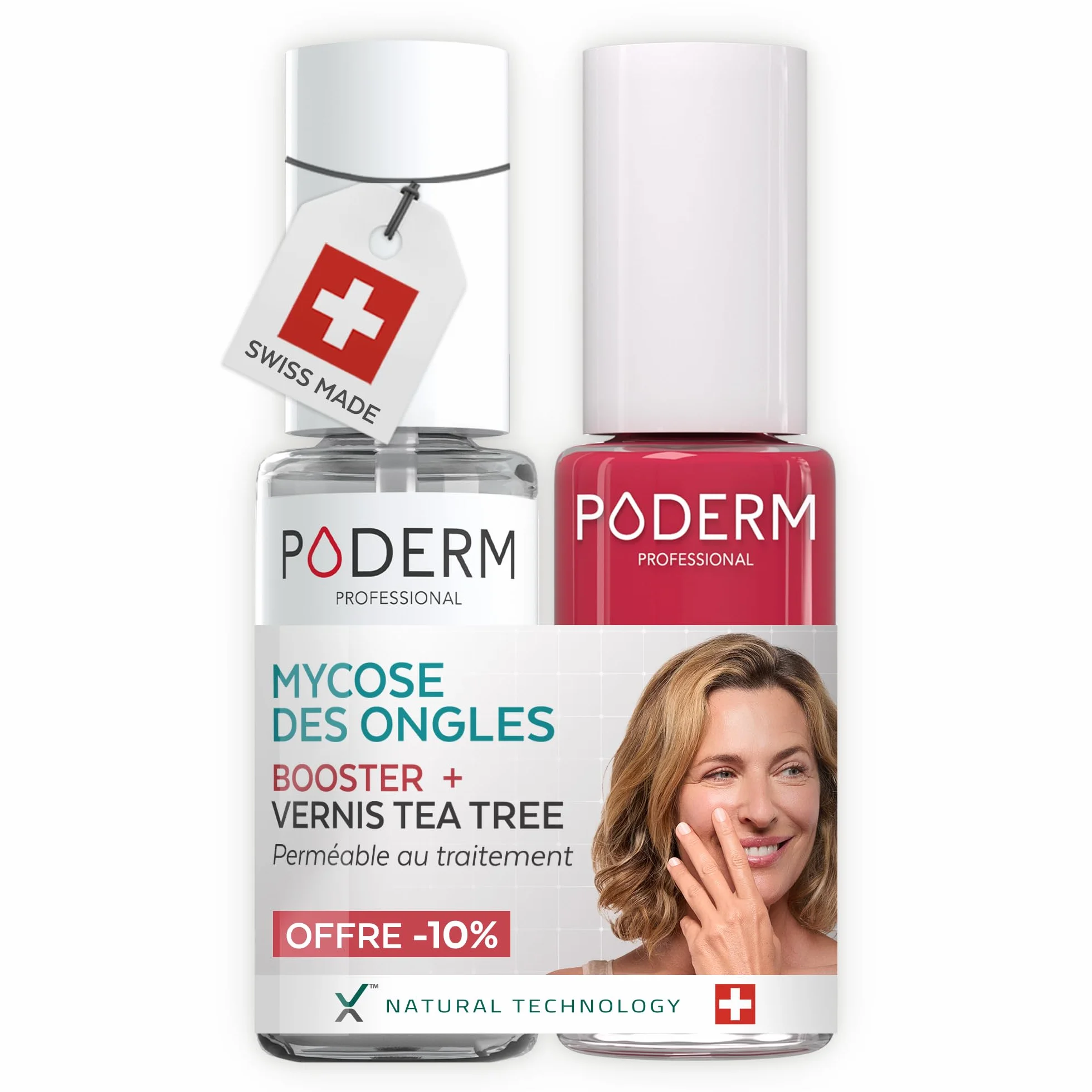 PODERM Mycose Ongles Booster + Vernis à Ongles Rouge Rose | Accélère la guérison des mycoses | Renforce, Répare et camoufle les ongles jaunes et abîmés | Créé par un podologue – Swiss Made