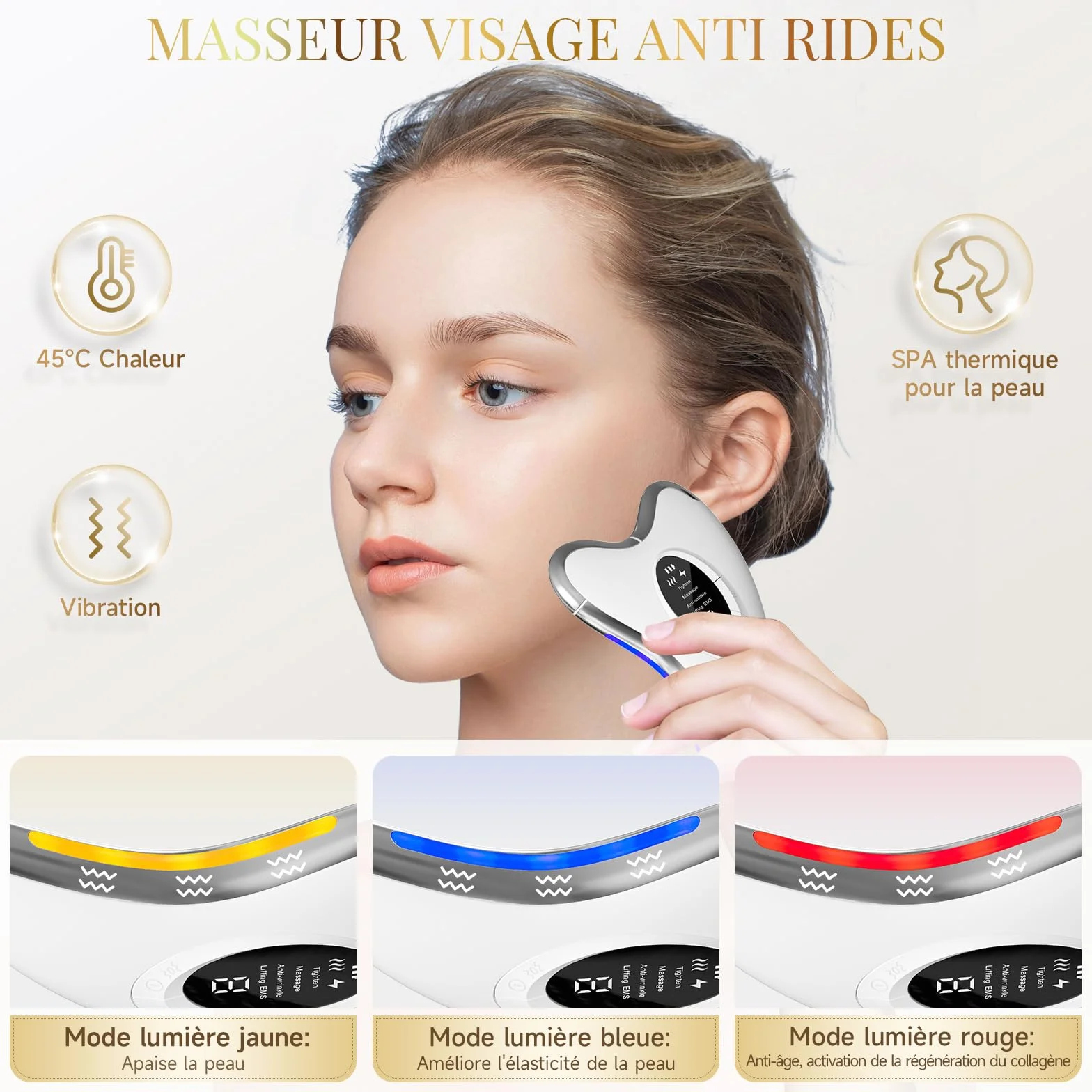 Profey Gua Sha EMS - Appareil de Massage Visage avec Chaleur 45℃, Vibration, Lifting EMS 9 Niveaux, 4 Modes, LED Bleu/Jaune/Rouge - Anti-Vieillissement et Anti-Rides