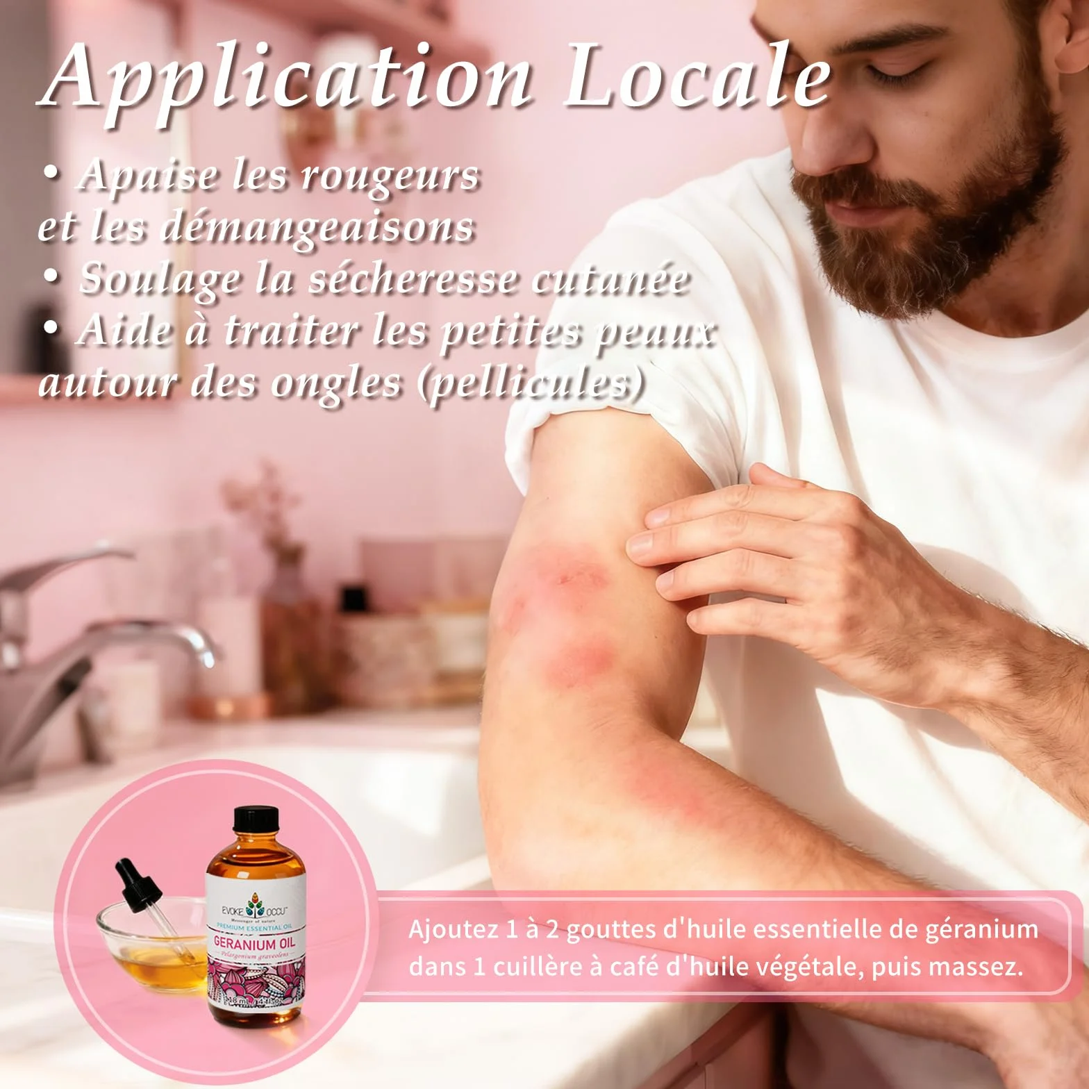 Huile Essentielle de Géranium EVOKE OCCU 118 ml Pure pour Peau, Cheveux, Massage et Aromathérapie