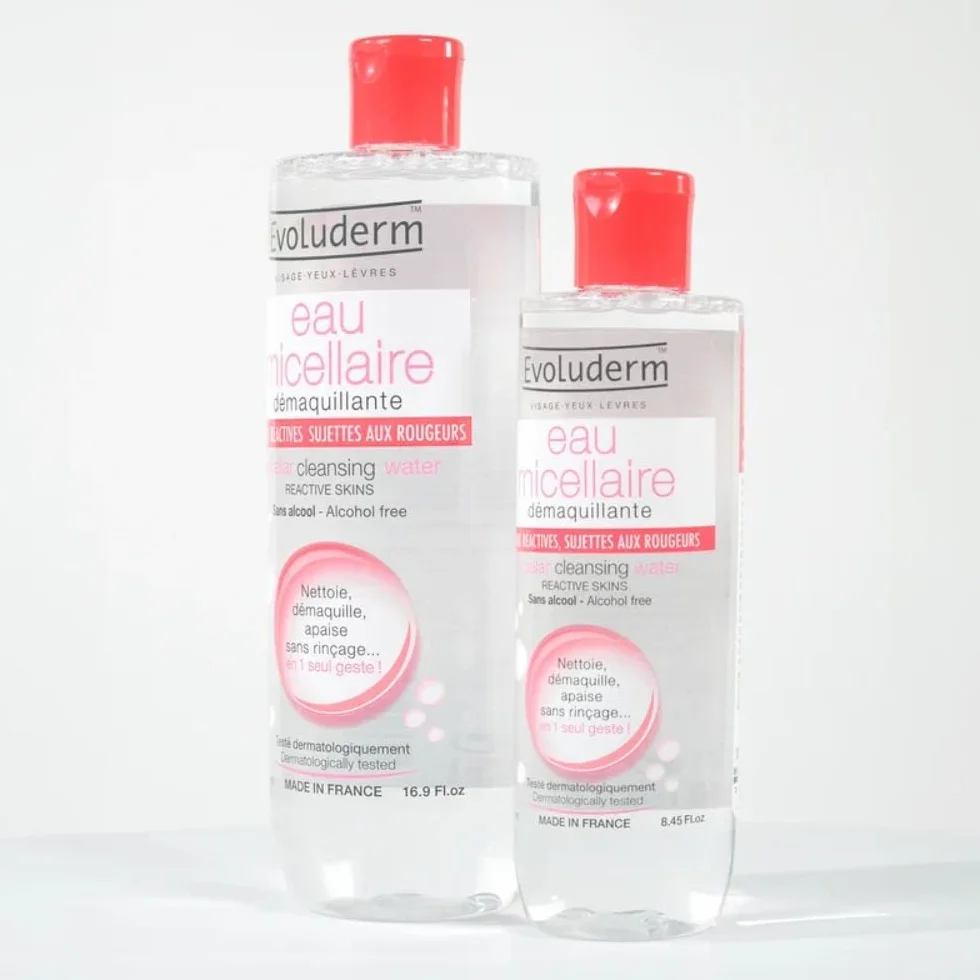 EVOLUDERM - Eau Micellaire Démaquillante Peaux Réactives, Sujettes Aux Rougeurs - 500 ml - 93% d'Origine Naturelle - Végan - Fabrication Française - Lot de 3 x 500 ml