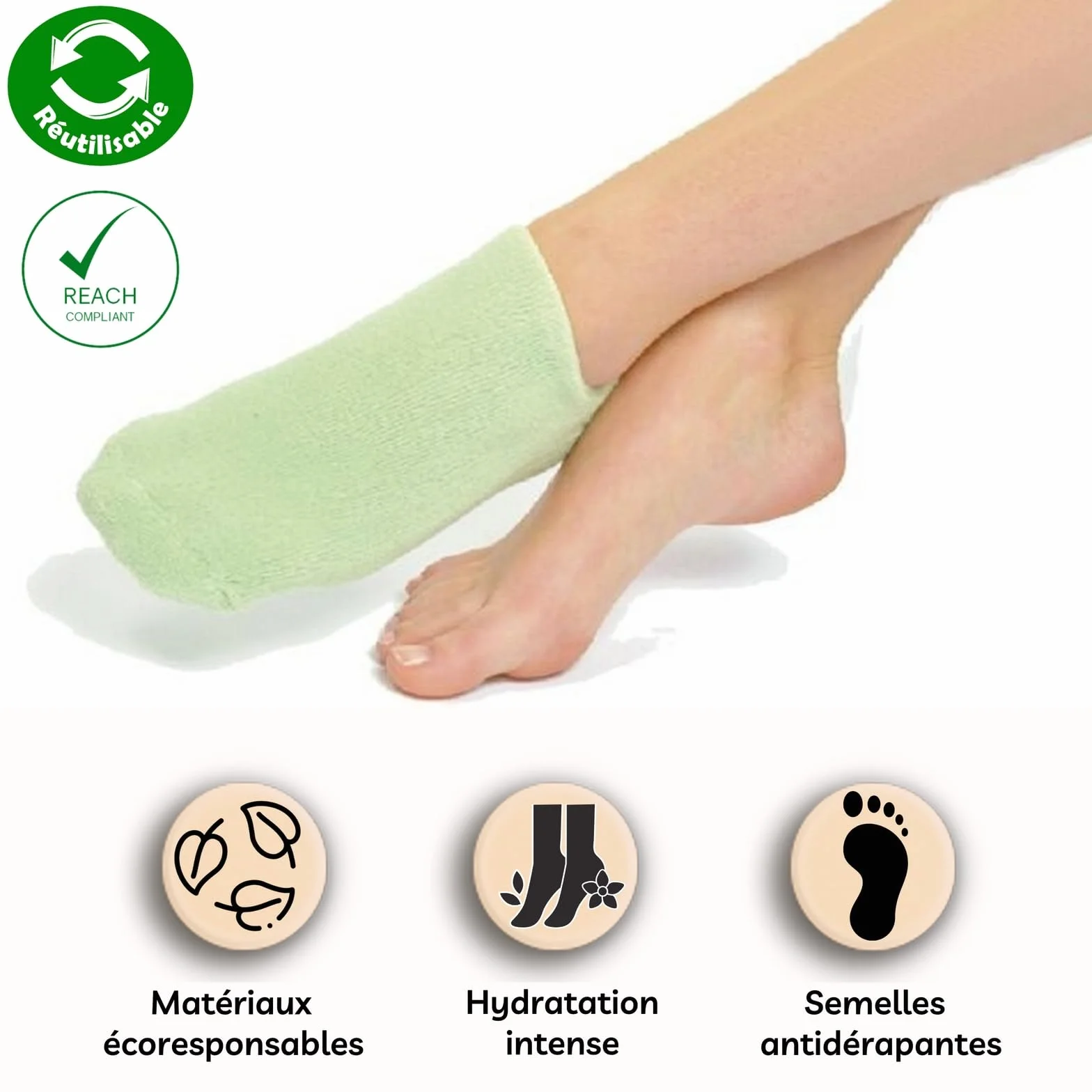 Sun & Sia Chaussettes Hydratantes SPA Réutilisables Soin Intense Pieds Secs Gel Actif Huiles Jojoba Olive Lavande Vitamine E Semelles Antidérapantes Vertes