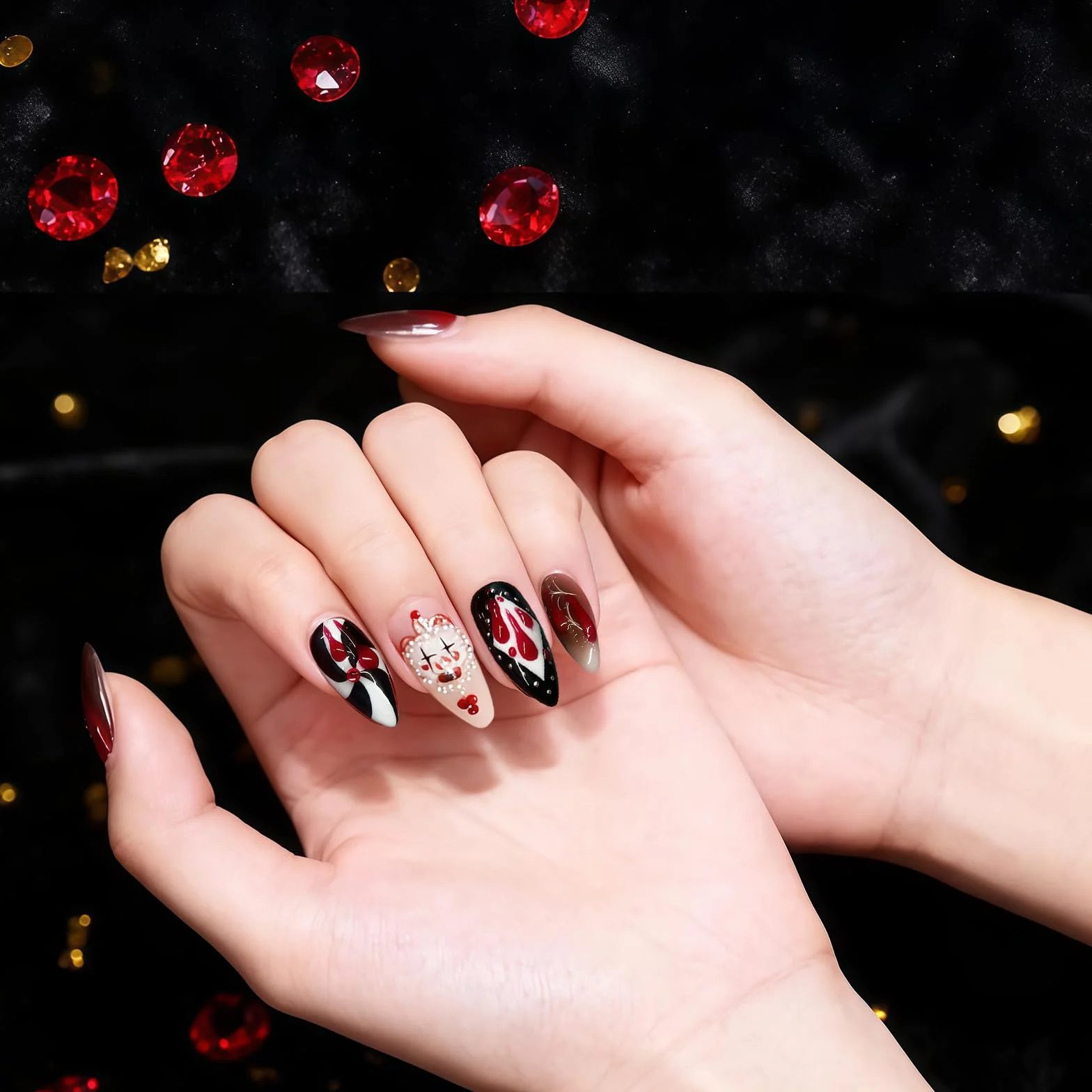 Yamobi Lot de 24 faux ongles à coller motifs clown cirque joker poker gel Y2K deux pointes