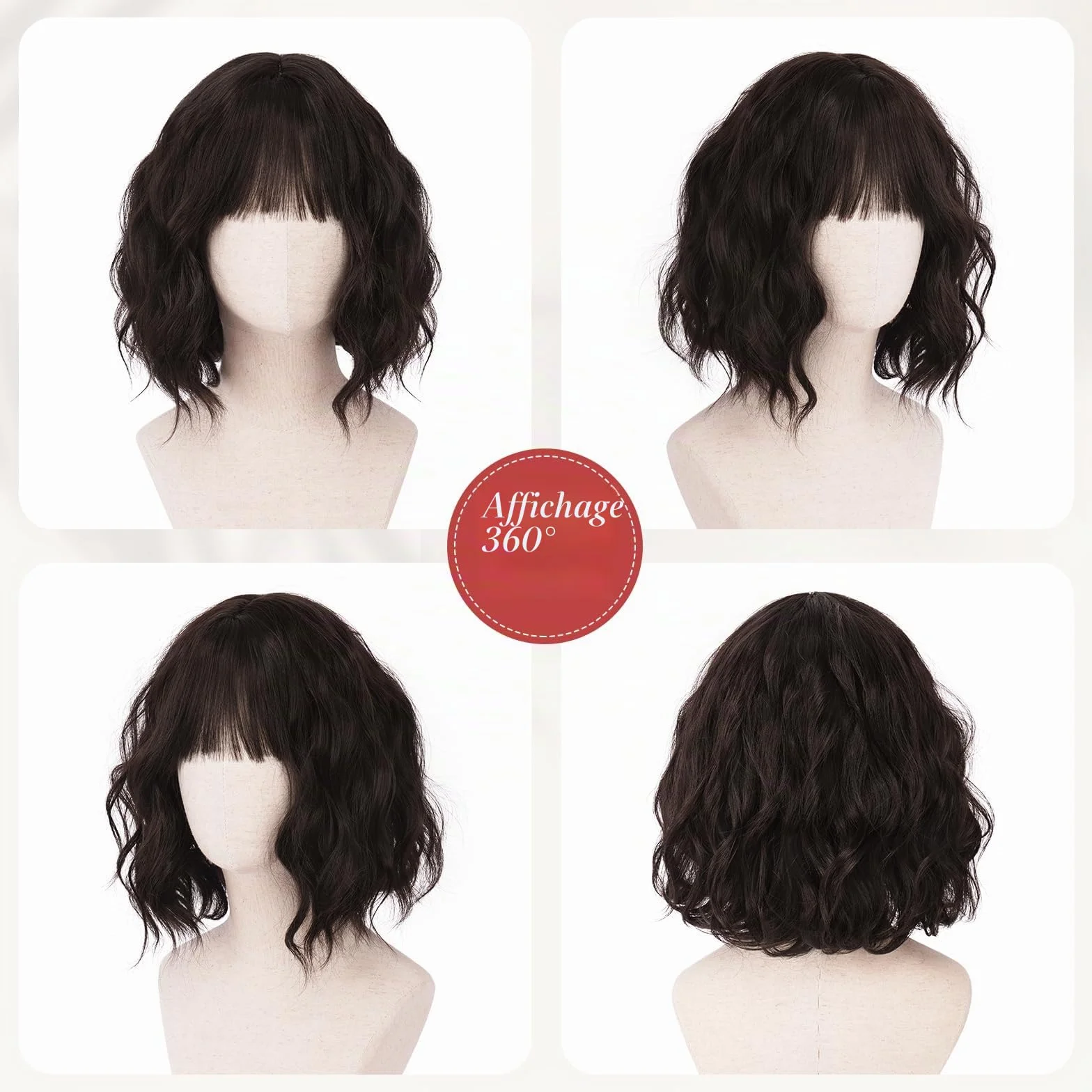 Sofeiyan Perruque Courte Ondulée 30 cm avec Frange, Cheveux Synthétiques Marron Foncé pour Femme Résistante à la Chaleur Naturel Bouclée pour Usage Quotidien et Cosplay