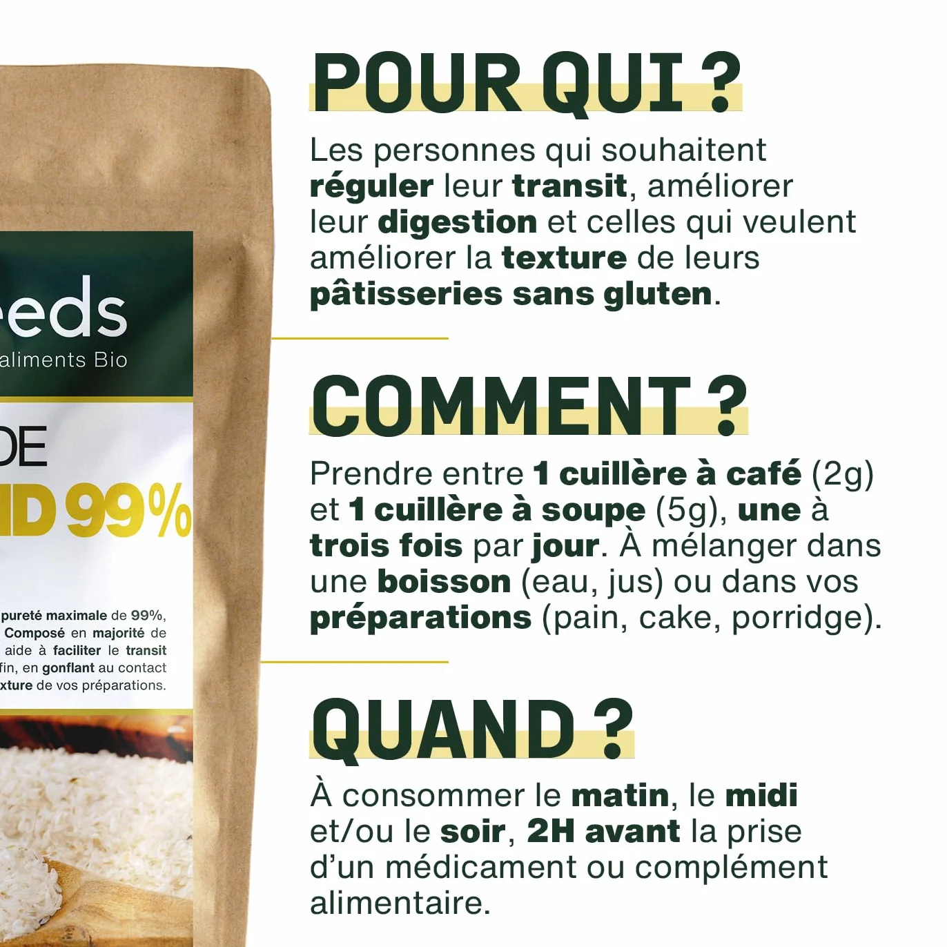 Psyllium Blond Bio 99% 88% Fibres Sans gluten 200G