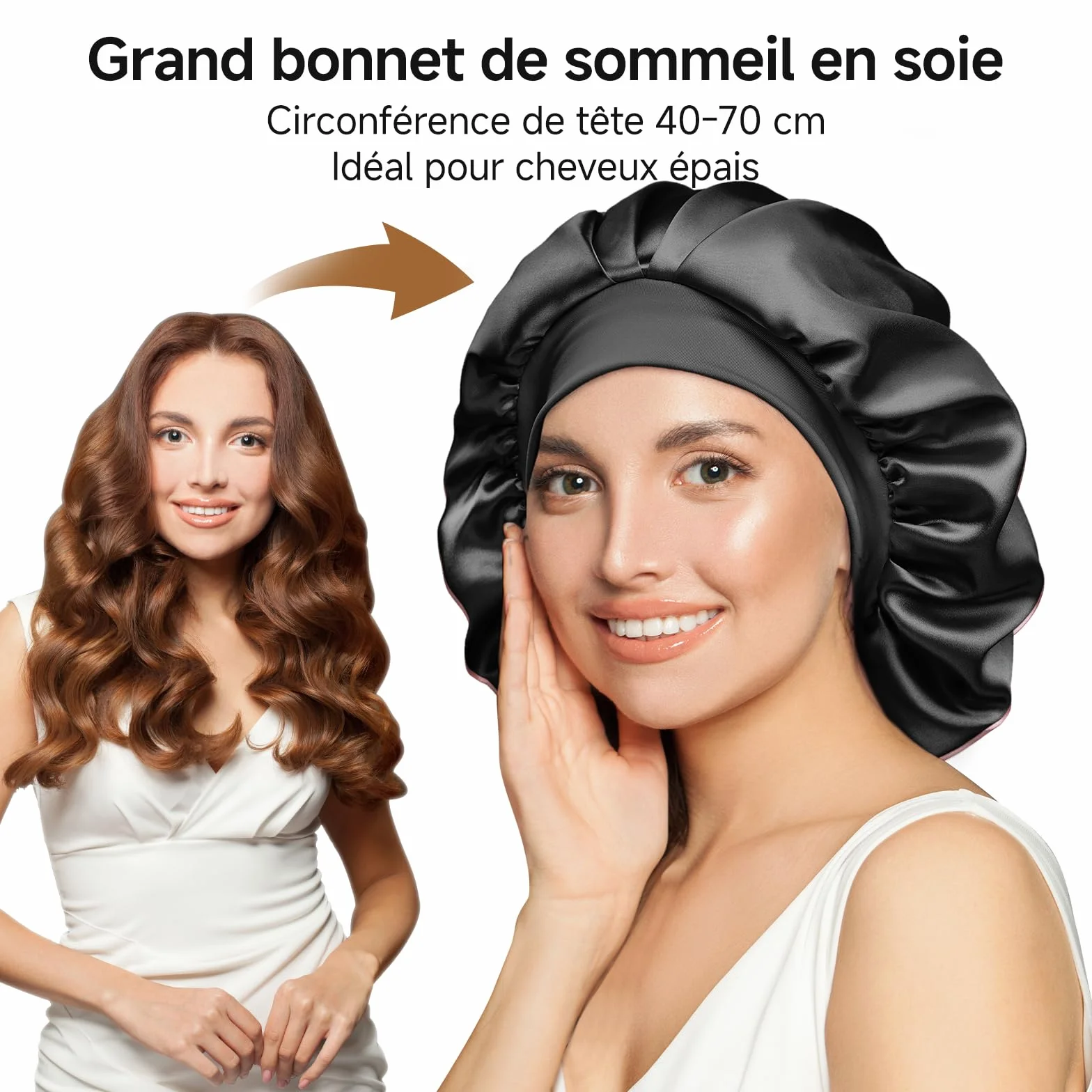 Umisleep Bonnet Soie Cheveux Nuit avec Doublure Soie de mûrier 22 Momme – Double Couche, Grande Taille pour Cheveux Longs ou bouclés, Bande Large réglable, Ultra-Doux, Noir+Violet