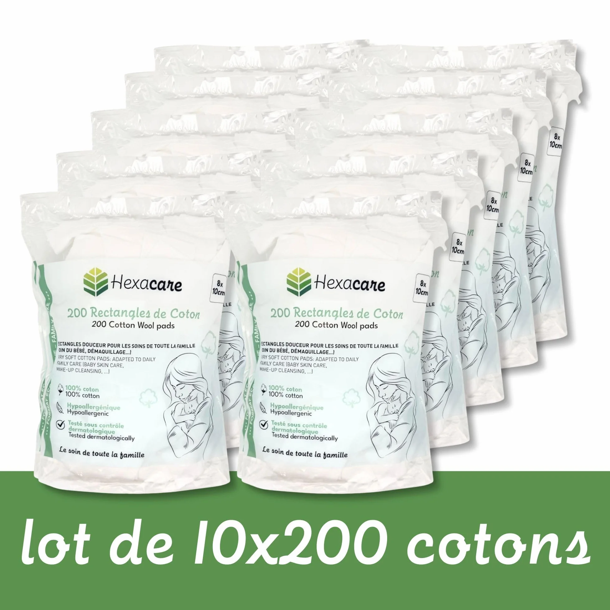 Hexacare Lot de 10 Paquets de 200 Rectangles de Coton 8x10 cm Extra Doux pour Bébé et Démaquillage 100% Fibres Naturelles Hypoallergénique