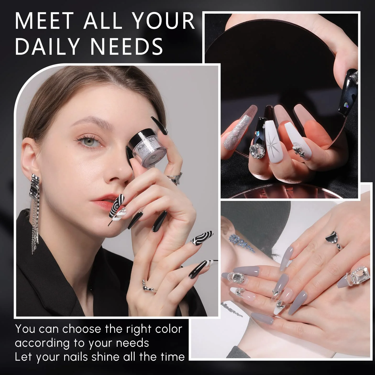 Aokitec Kit de Poudre à Ongles 14Pcs 8 Couleurs Noir Blanc Paillette Acrylique avec Pinceau Nail Art Manucure