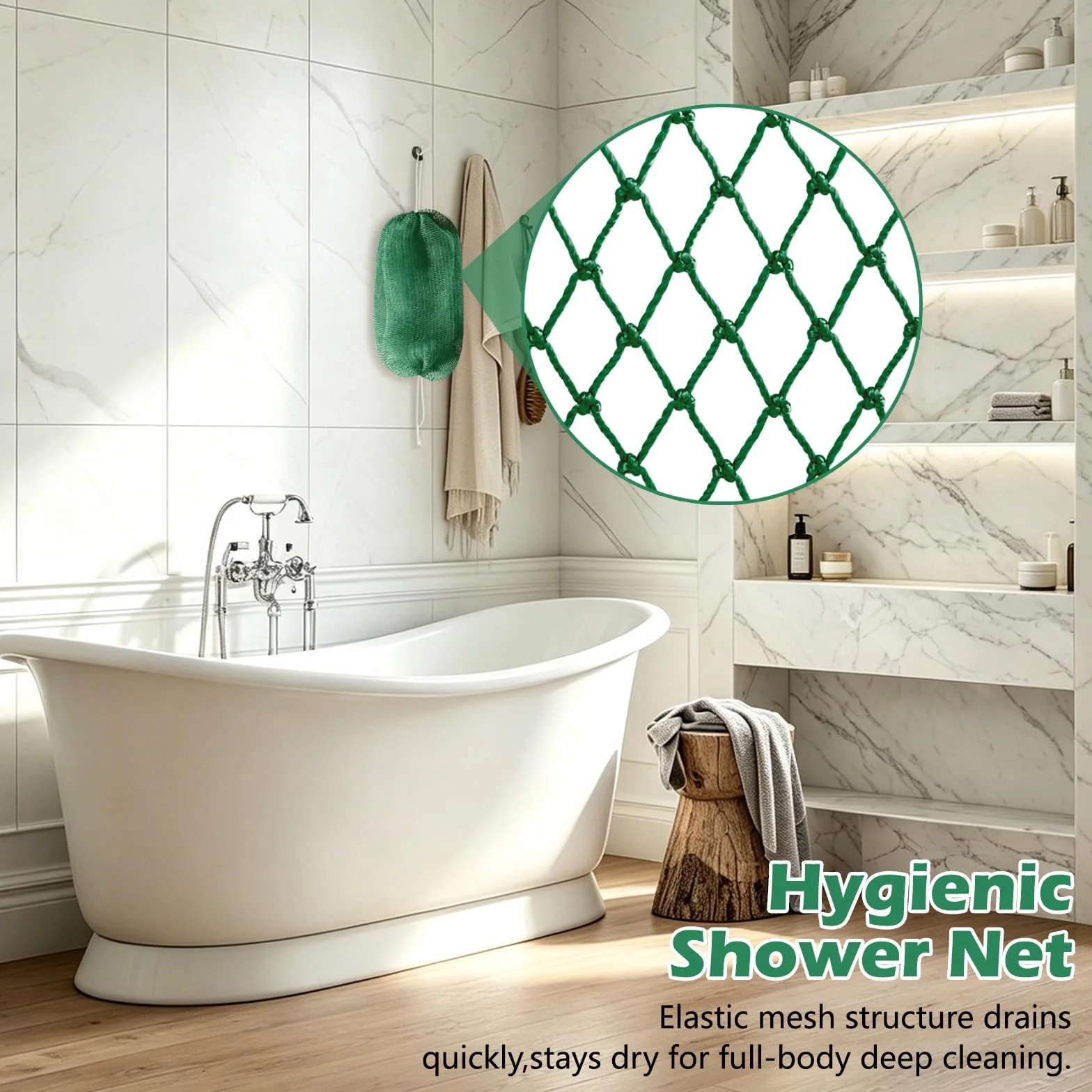 Filet de Douche Africain Éponge à Séchage Rapide Net Sponge avec Cordes pour Gommage Corps Doux Vert foncé