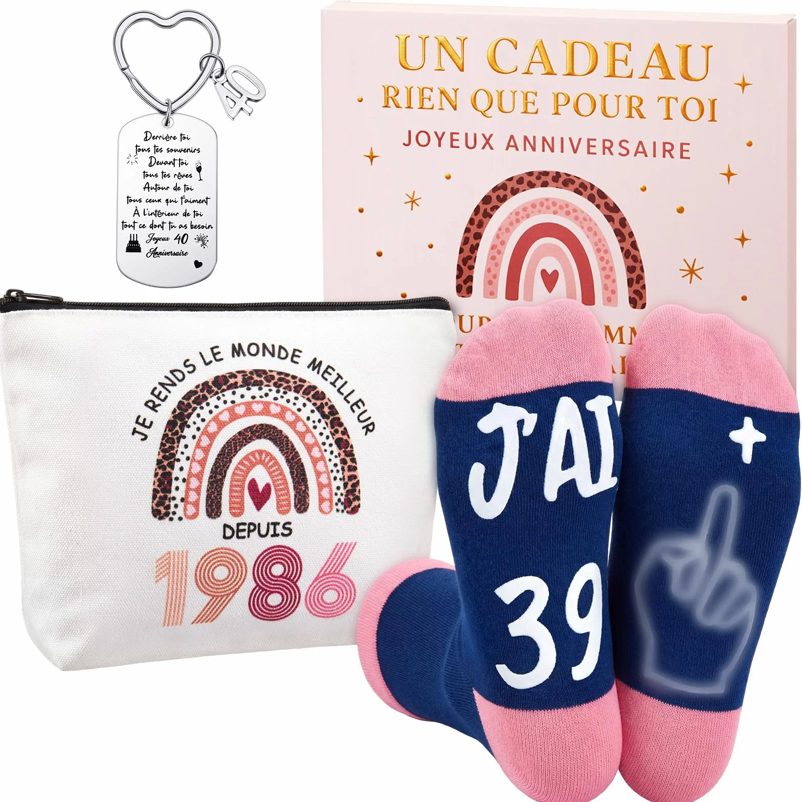 Coffret Cadeau Anniversaire Femme 40 Ans 1986 Trousse Maquillage Chaussettes Porte-Clés Boîte Idée Cadeau Originale Humour Femme Née en 1986 Set Accessoire 40e Anniversaire