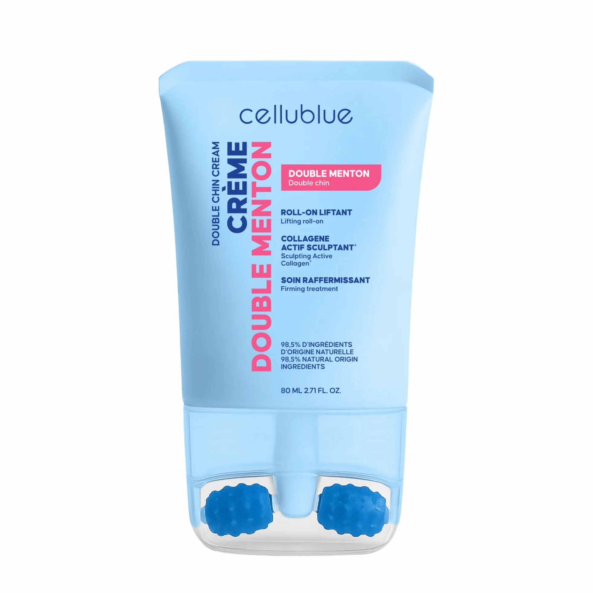 Crème Roll-on Double Menton - Soin Raffermissant Cou, Décolleté & Ovale du Visage - Massage Drainant aux Micro-Picots - Collagène & Algue Laminaria - 98,5% d'Origine Naturelle - 80 ml
