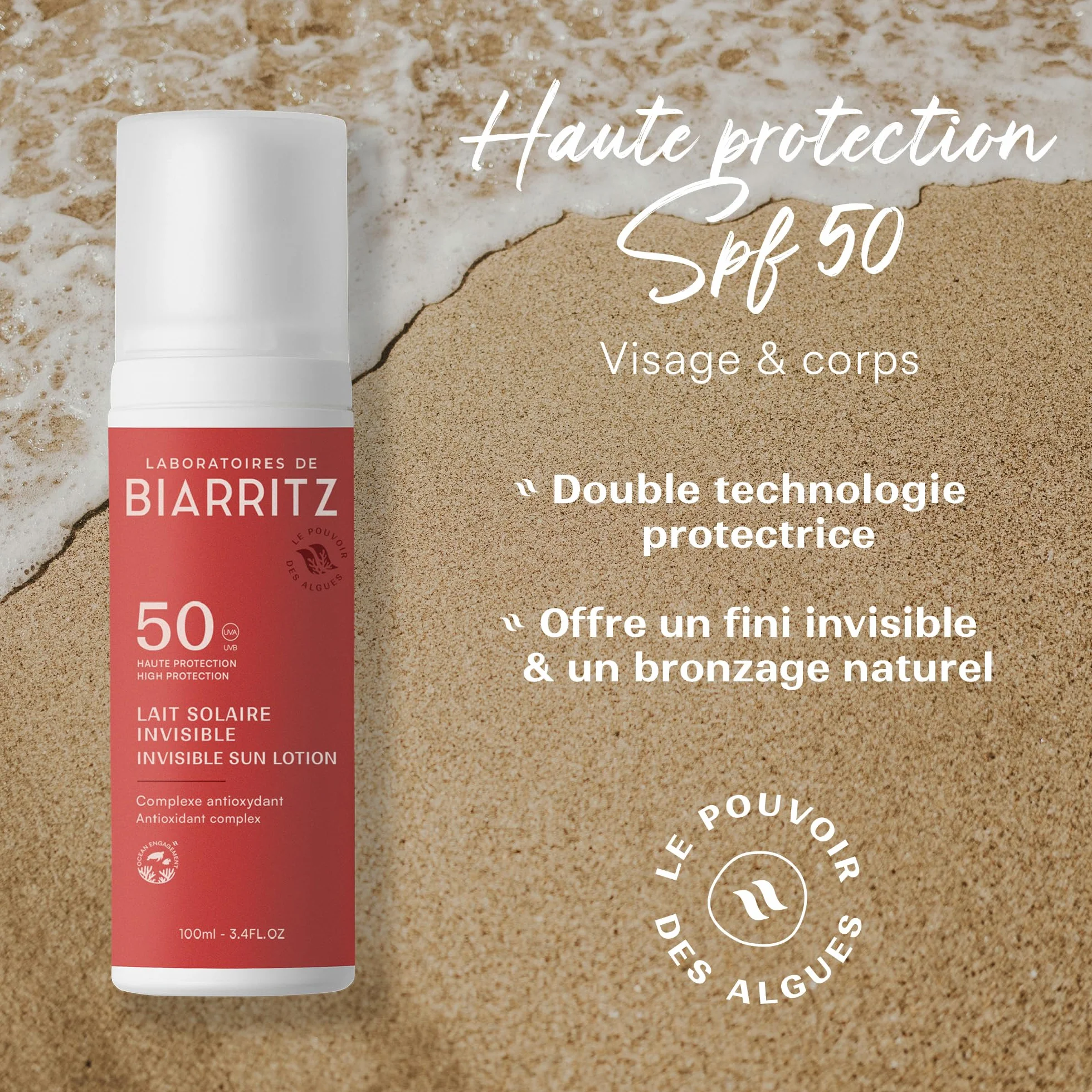 Laboratoires de Biarritz - Lait Solaire Invisible SPF50 - Texture Fluide Invisible - Visage & Corps - Effet Frais dès Application - Parfum 100% d’Origine Naturelle - 100 ml - Fabriqué en France