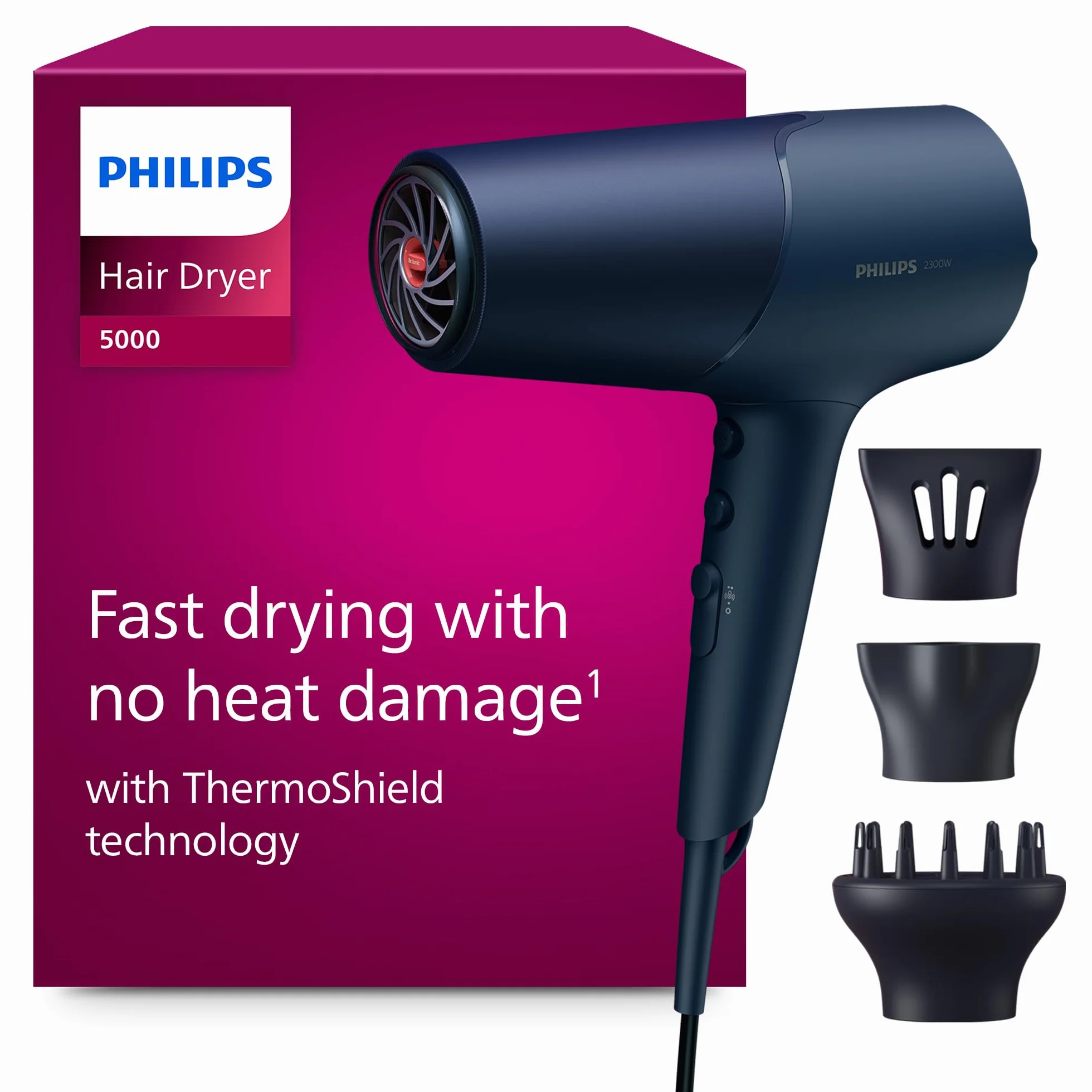 Philips 5000 Series BHD510/20 sèche-cheveux 2300 W ionique ThermoShield bleu métallique avec concentrateur 9 mm 11 mm diffuseur