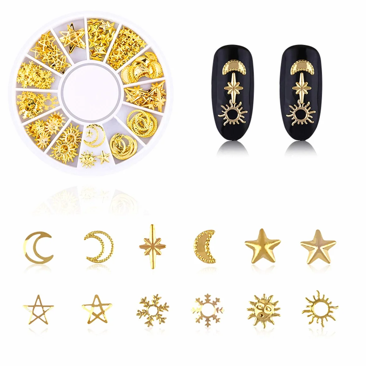 Nail Art Stud 3D Décoration Strass Métal Rivets Étoile Lune Soleil Coeur Mixte 4 Boîtes
