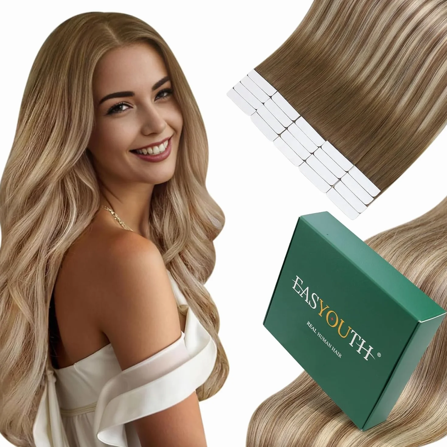 Easyouth Extension Cheveux Naturel Adhesif Blond Ombre Extension Adhésive Remy Brun a Clair Balayage Blond Lisse 30cm 30g 20Pcs #3/8/22