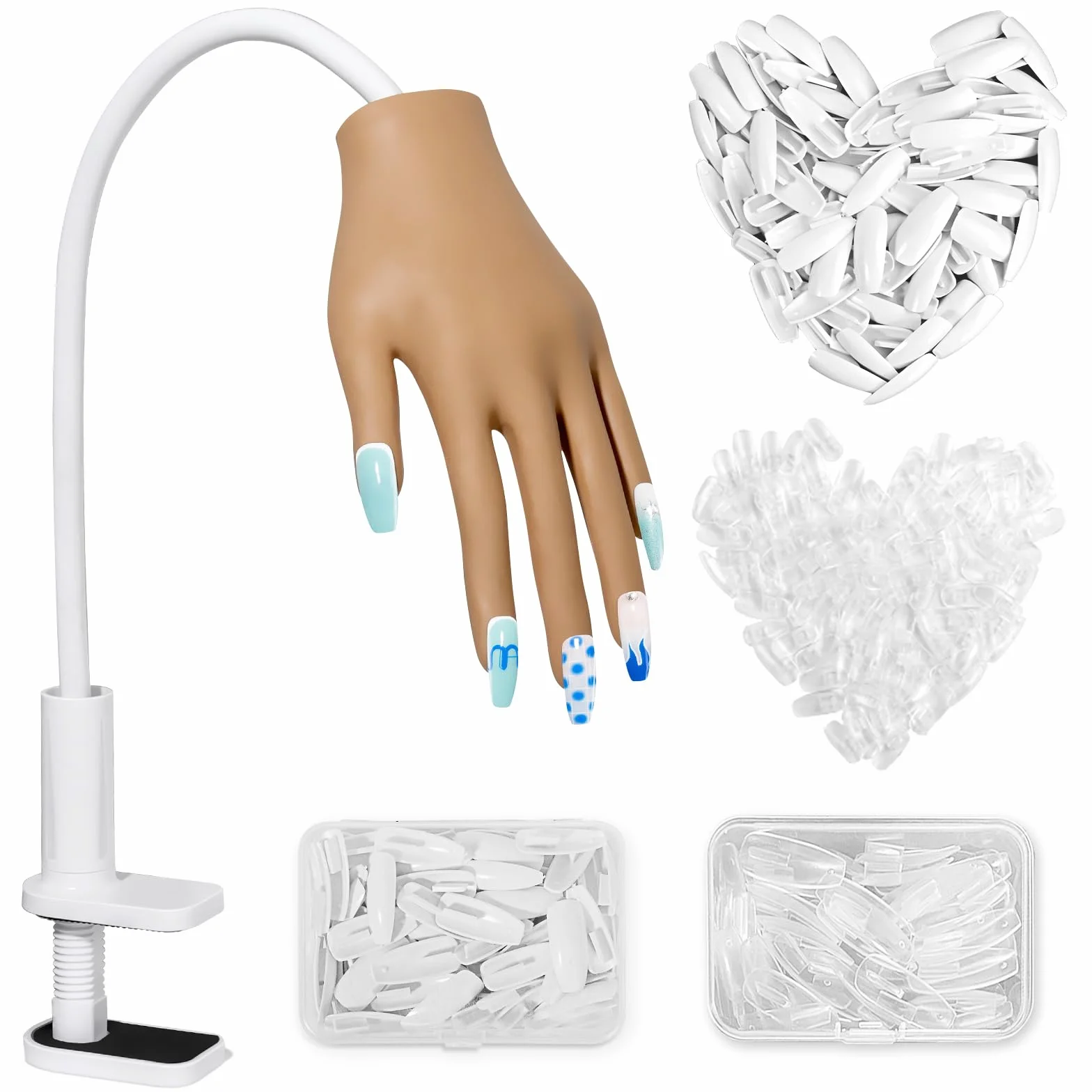 Main D'Entrainement Manucure - Silikon Main Entrainement Ongles avec 200 Pièces Faux Ongles - Flexible Fausse Main pour Ongle pour Débutants Professionnel Salon