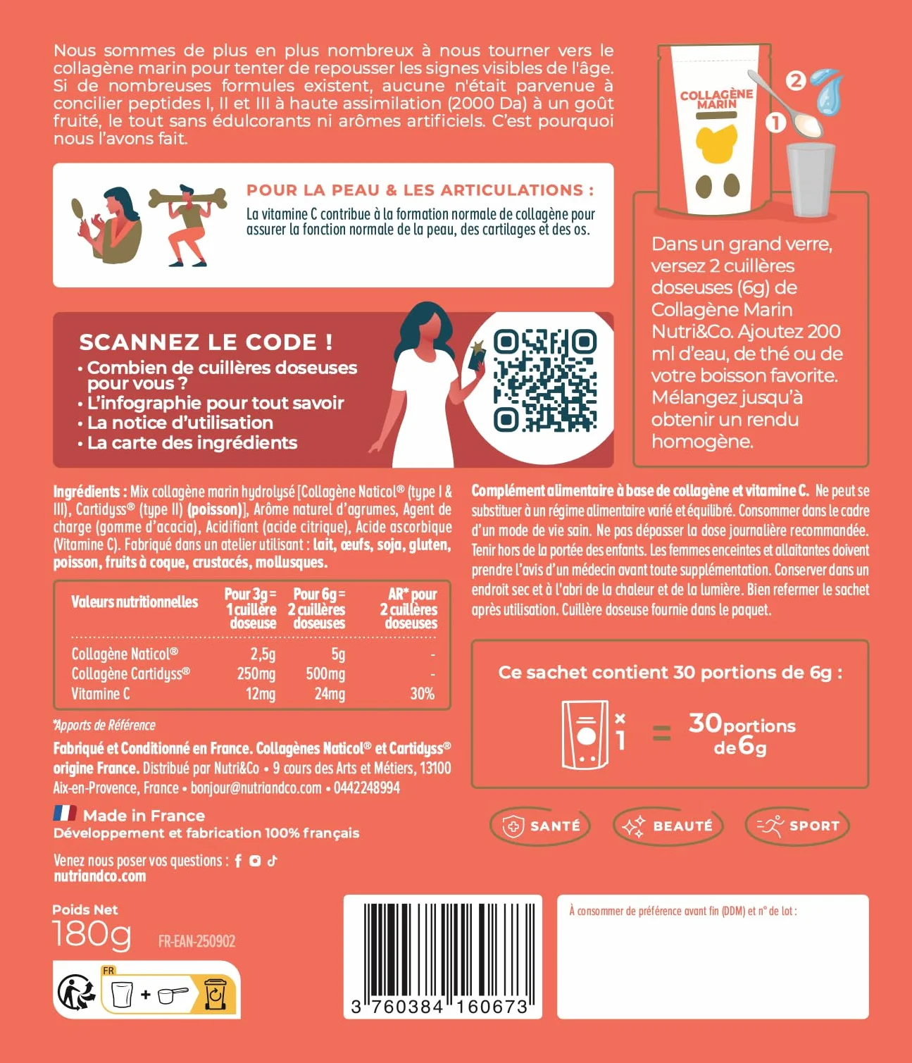 NUTRI & CO Collagene Marin Poudre Types 1, 2, 3 + Vitamine C, Naticol® & Cartydiss®, Peptides Hydrolysés 2000 DA, 180g, Citron