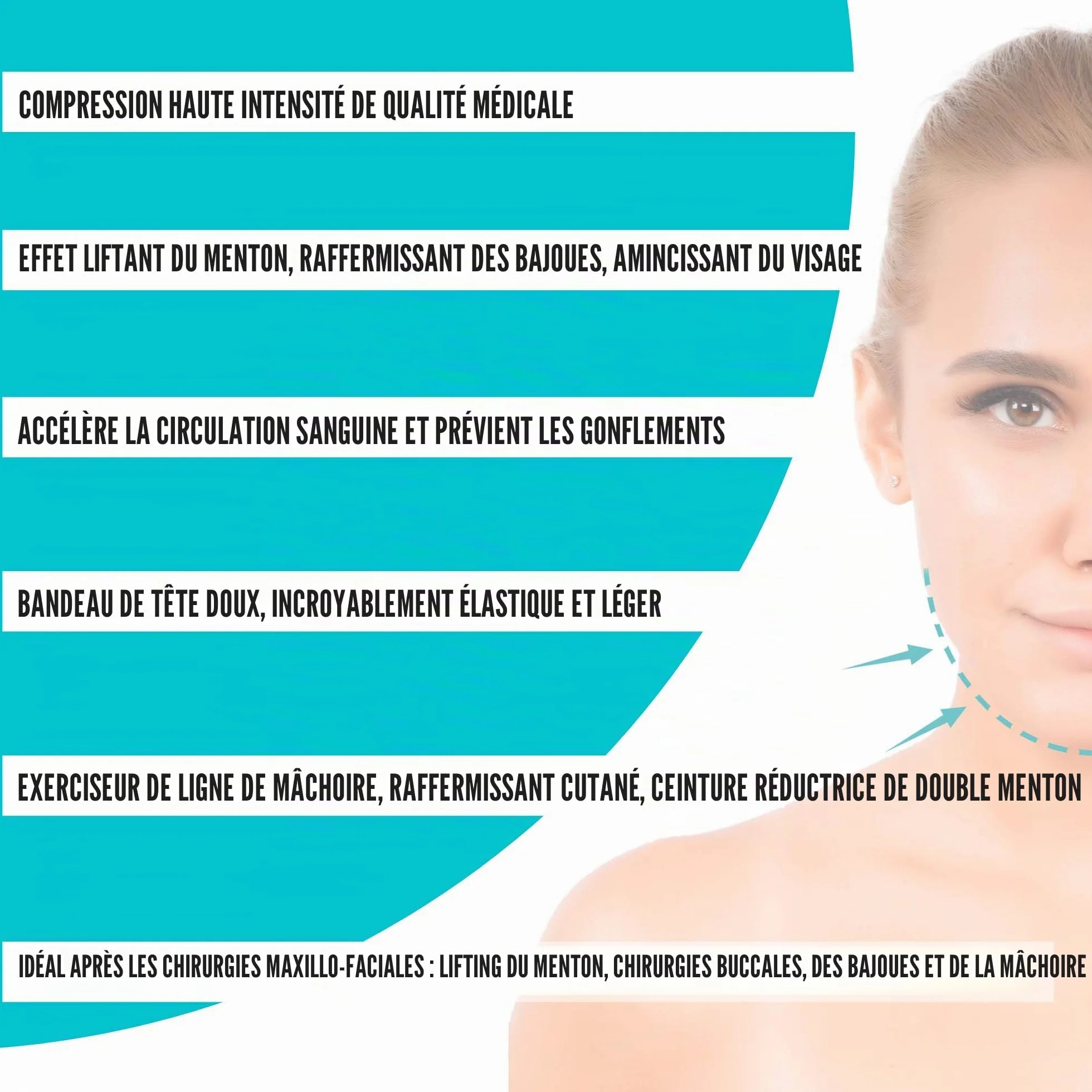 Vêtement de compression post-chirurgie, bande de menton, kit de levage du visage, amincissant le visage, raffermissement des bajoues (noir)