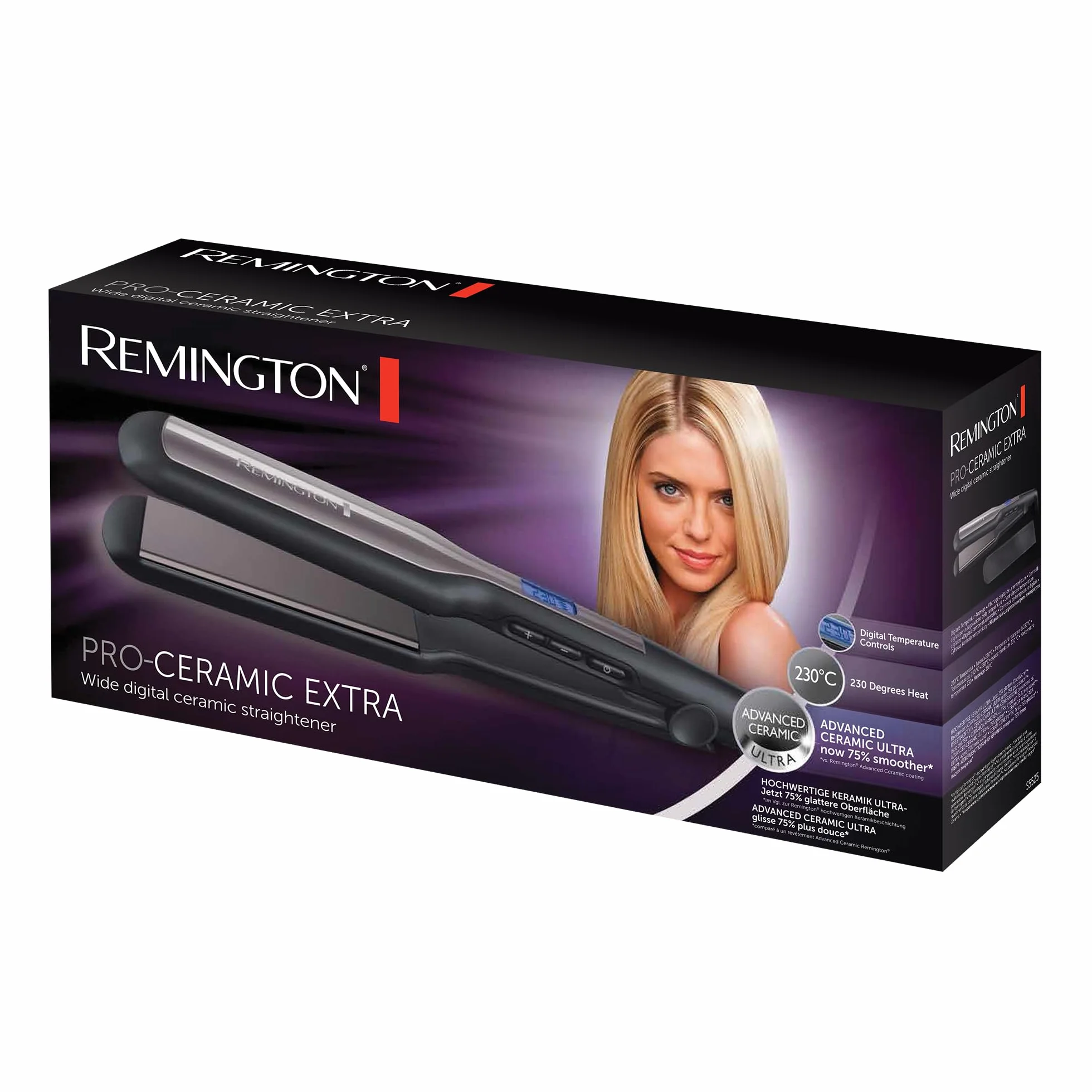 Remington Fer à Lisser Pro-Ceramic Extra Plaques Larges 45mm Spécial Cheveux Épais Frisés Bouclés Longs 150-230°C S5525