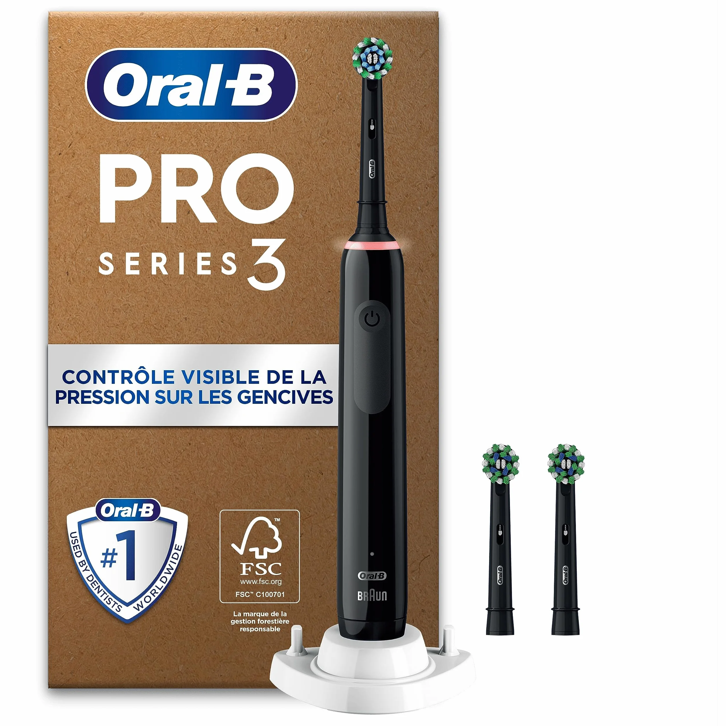 Oral-B Pro 3 Brosse À Dents Électrique Noire, Capteur De Pression, 3 Brossettes De Rechange, Chargeur